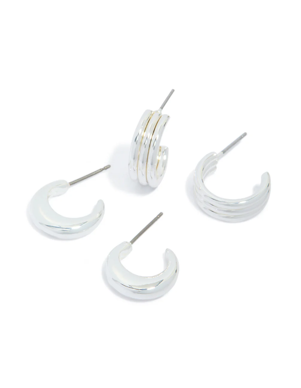 Silver Ribbed & Plain Open Hoop Earrings 2-Pack