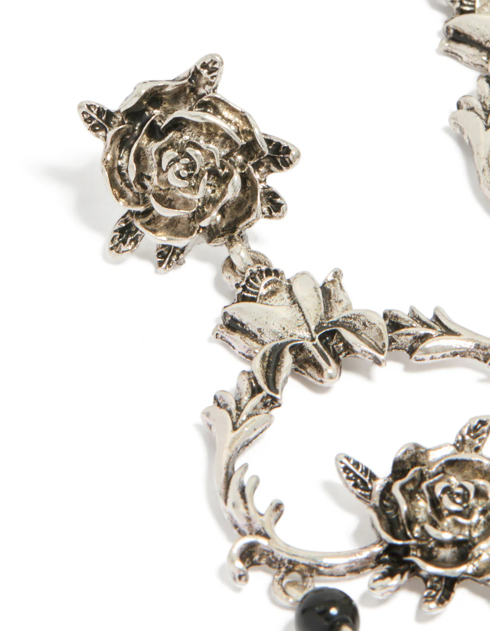 Silver Rose & Black Stones Drop Earrings - Image 4
