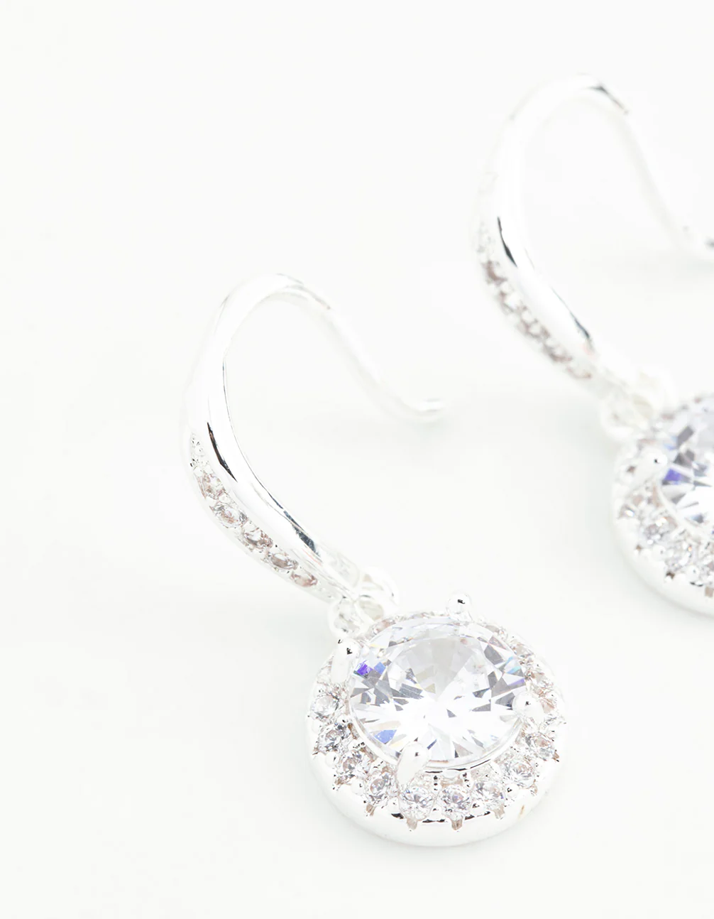 Silver Plated Round Halo Cubic Zirconia Drop Earrings - Image 2