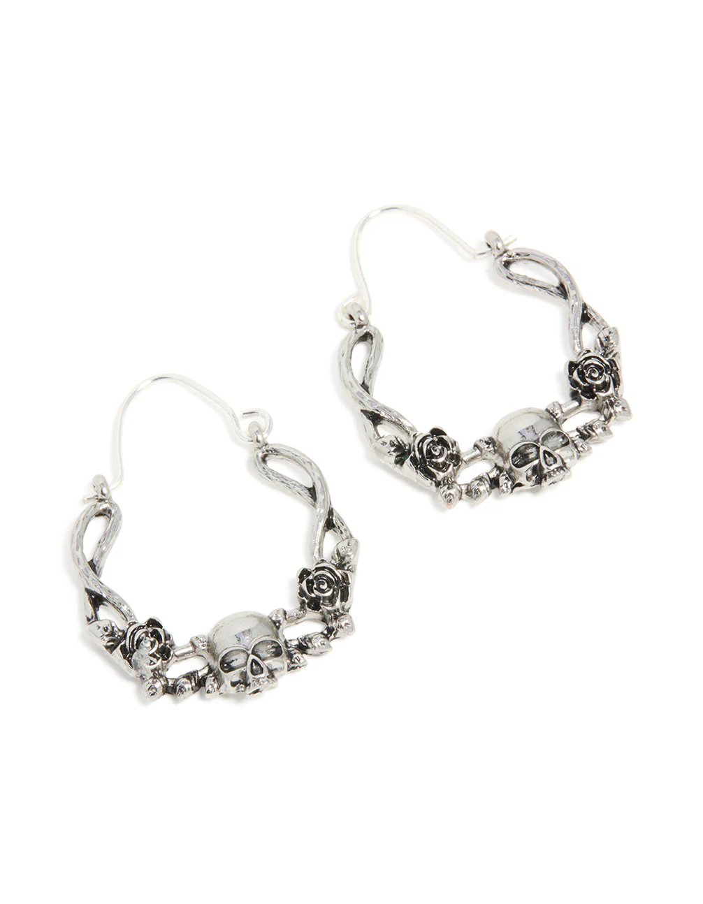 Silver Skull & Roses Hoop Earrings - Image 2