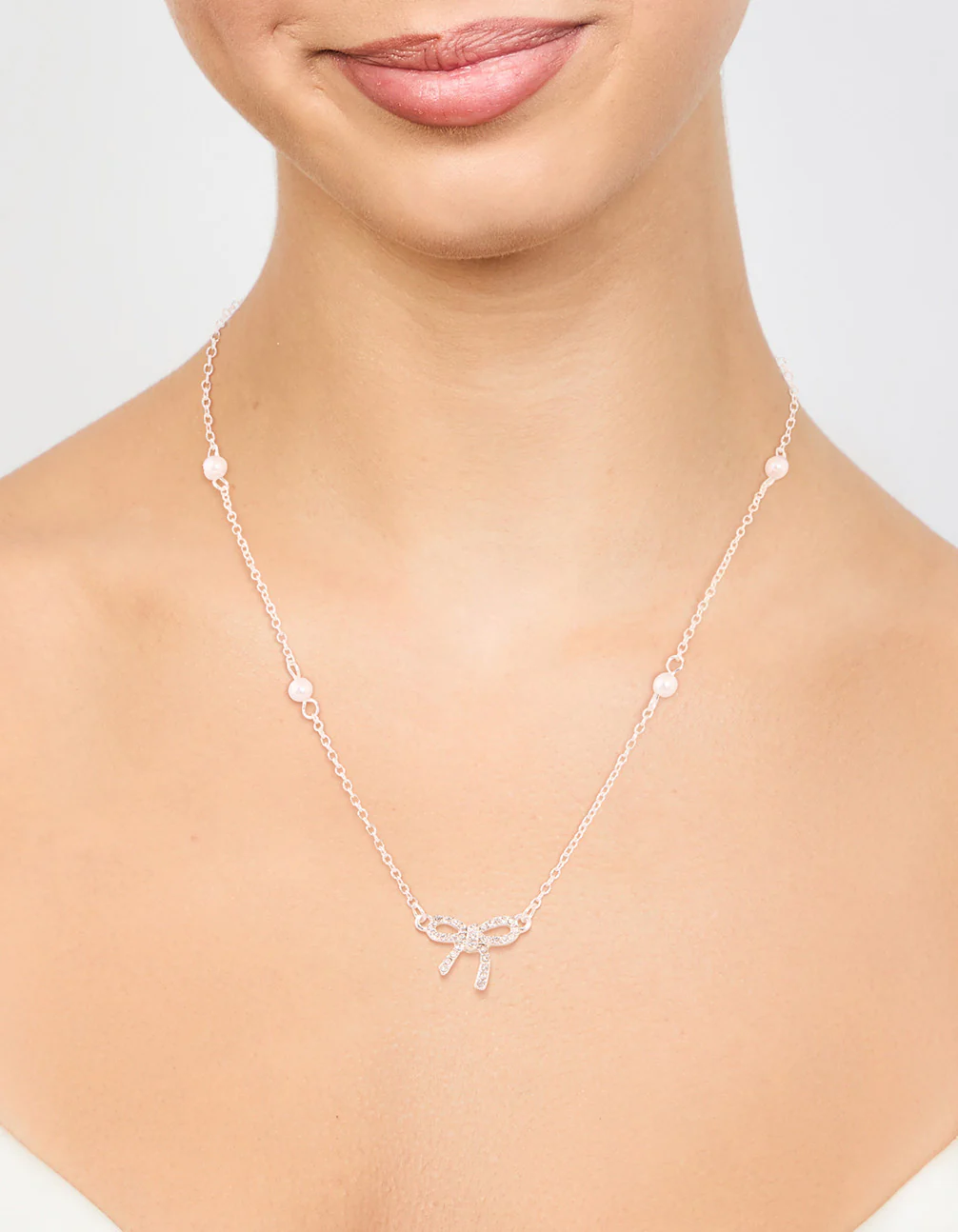 Silver Station Pearl Diamante Bow Necklace - Image 2