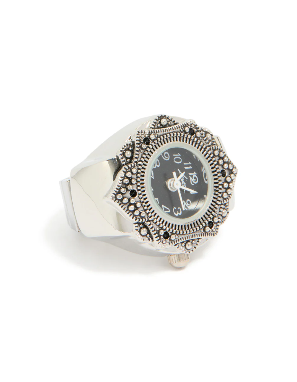 Silver Textured Black Watch Ring