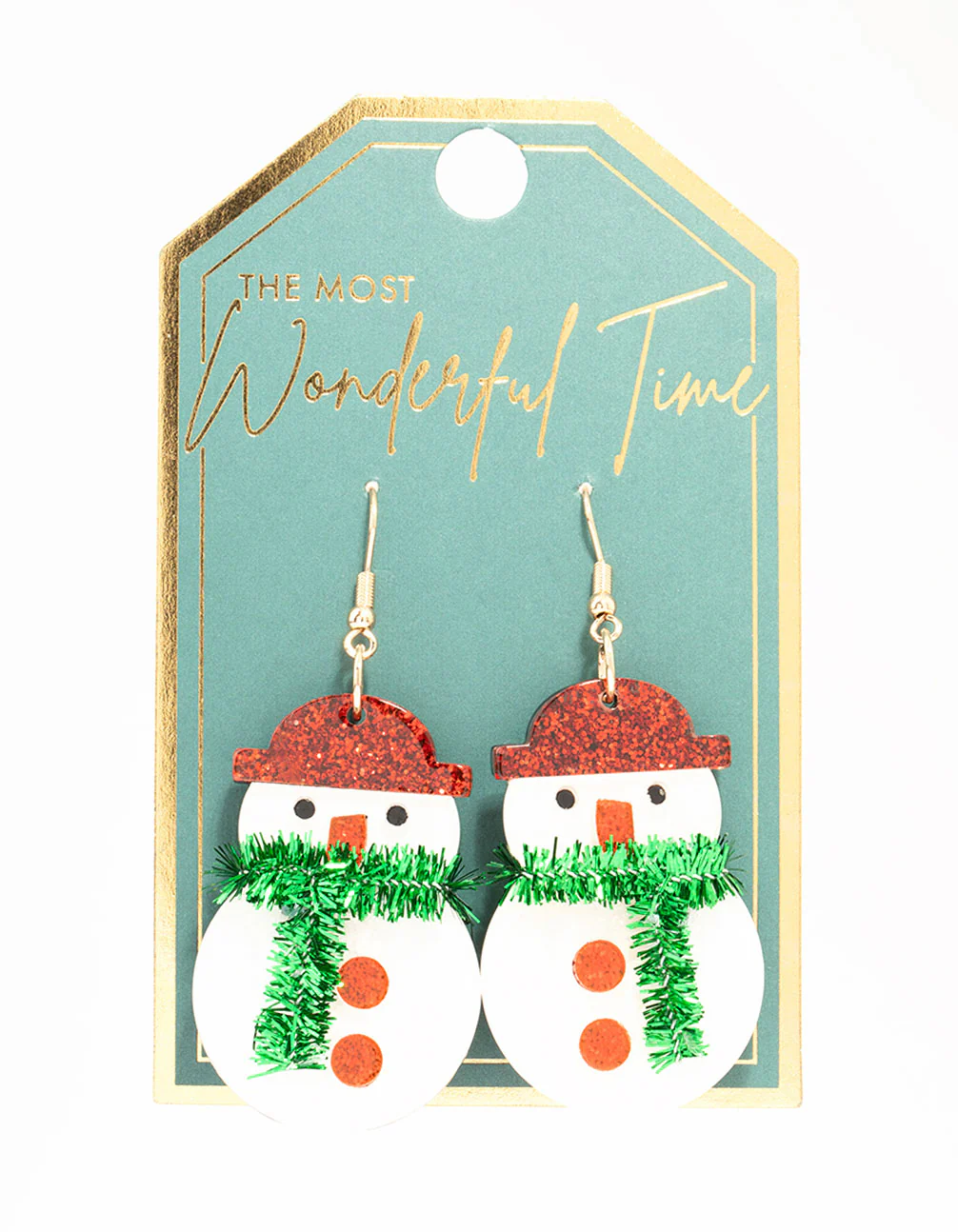 Snowman With Green Tinsel Scarf Acrylic Drop Earrings - Image 3