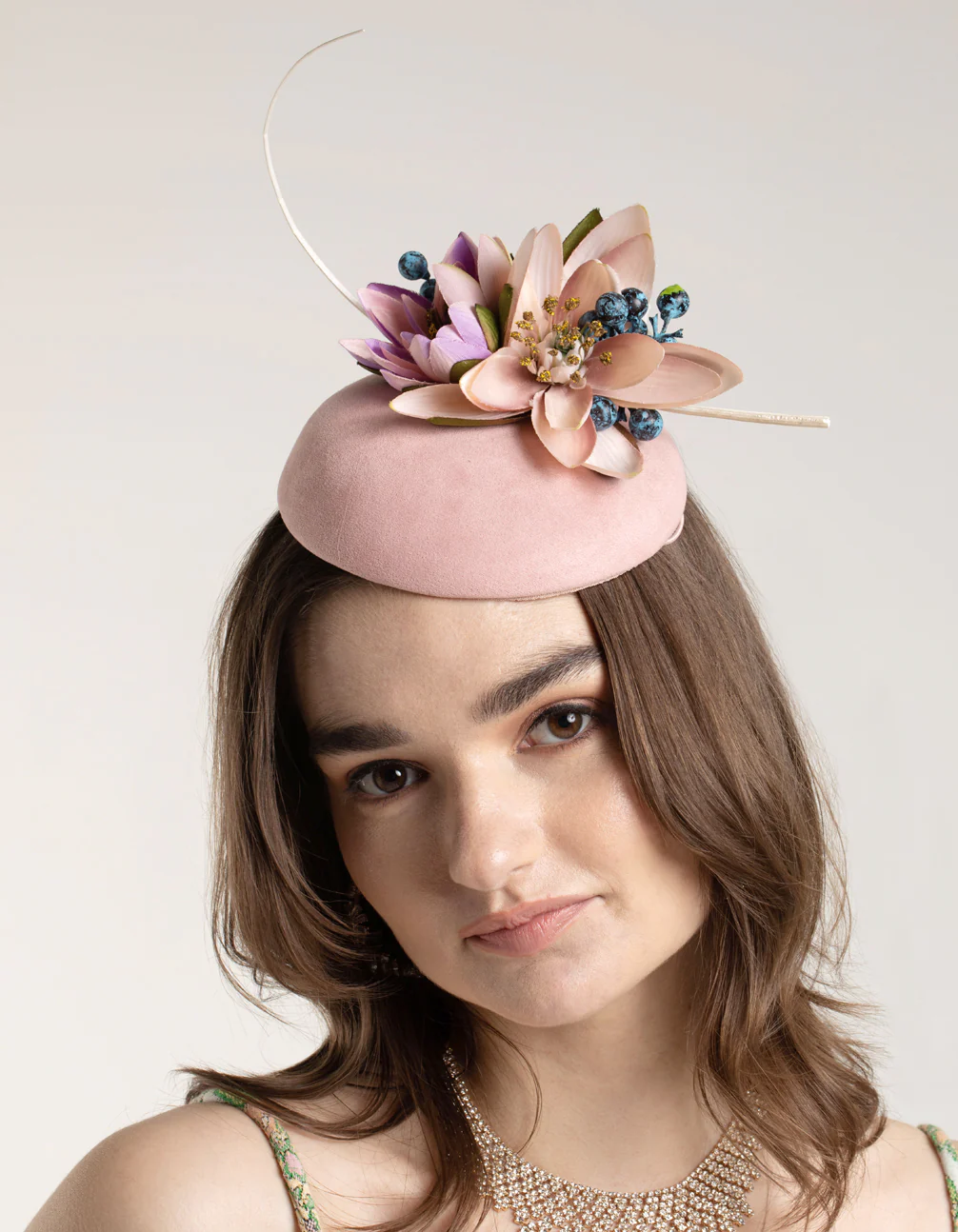 Blush Fabric Pillbox With Floral & Quill Detail