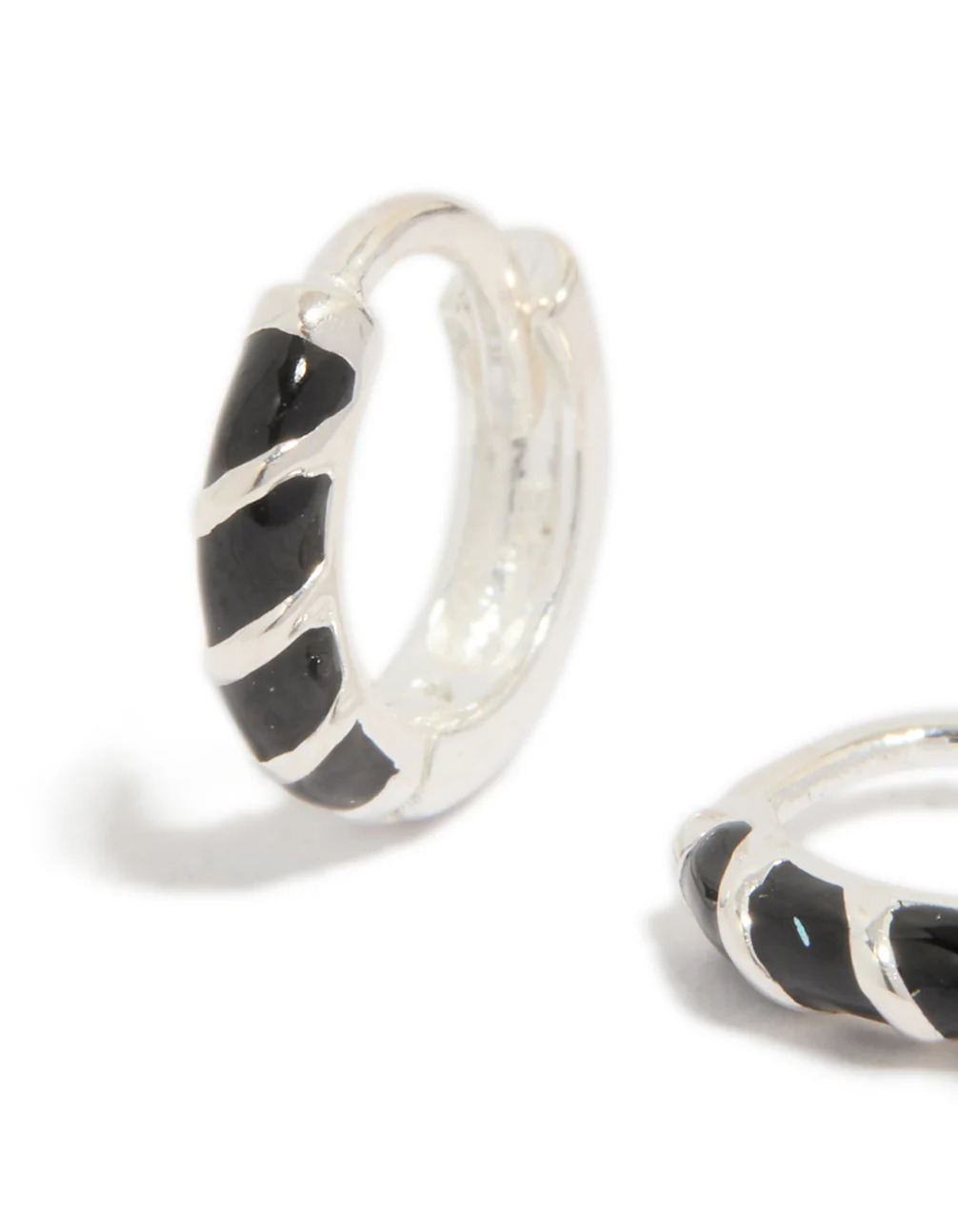 Sterling Silver Black Striped Enamel Huggie Earrings - Image 2