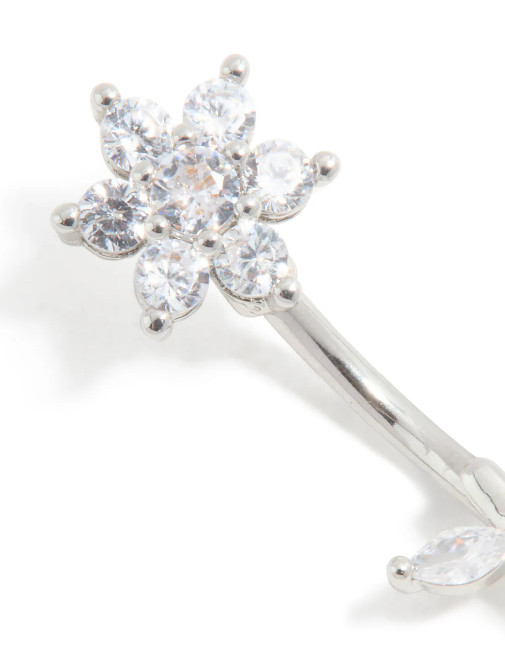 Surgical Steel Cubic Zirconia Flower Thread Through Belly Bar - Image 2
