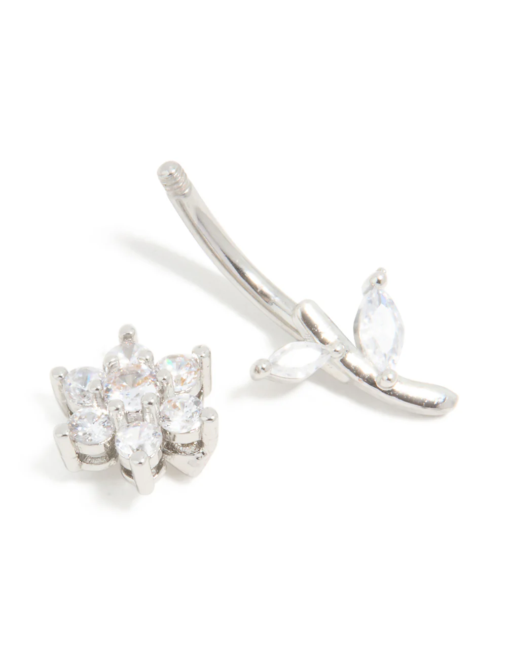 Surgical Steel Cubic Zirconia Flower Thread Through Belly Bar - Image 3