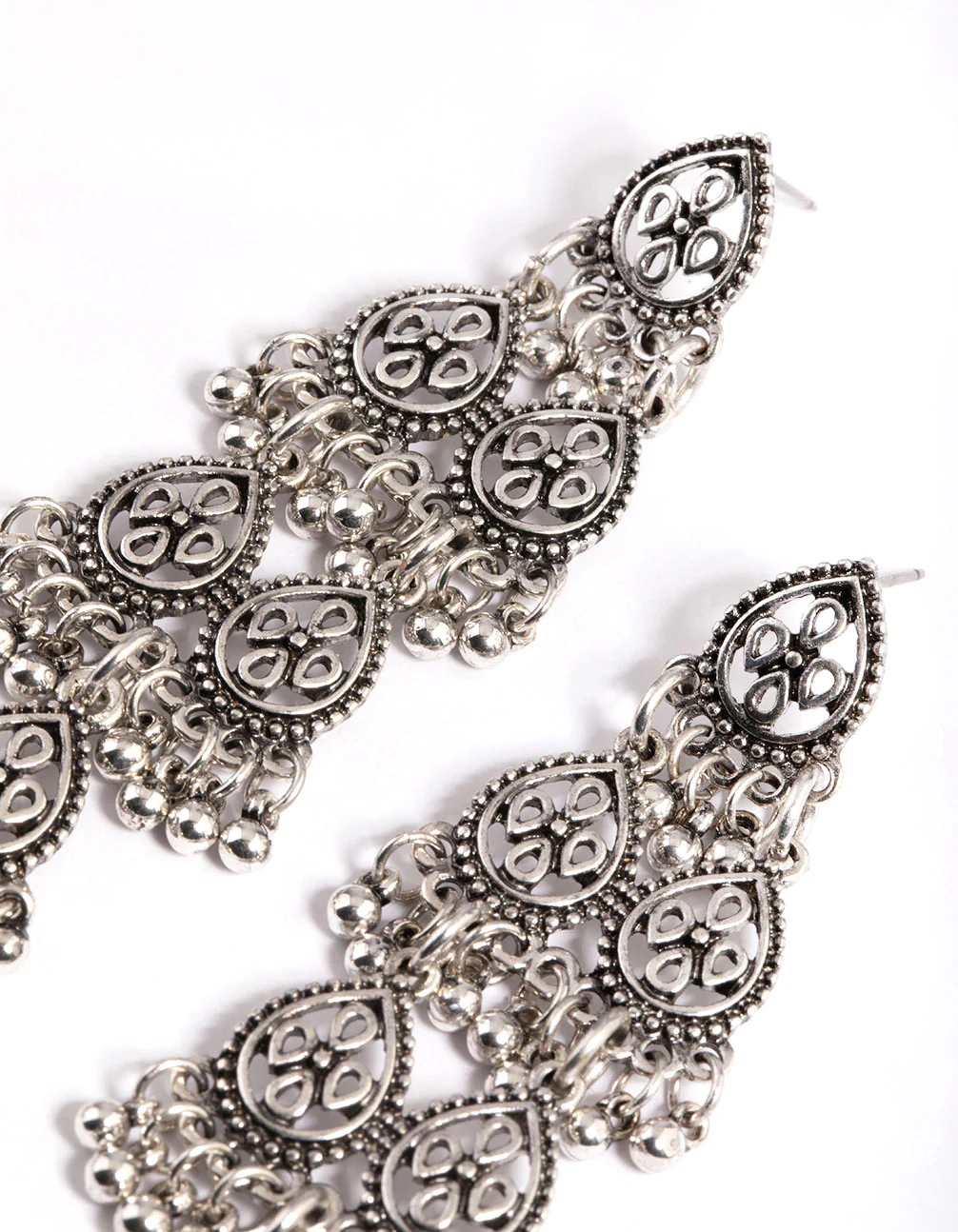 Rhodium Silver Bead Tear Drop Jhumka Earrings - Image 2