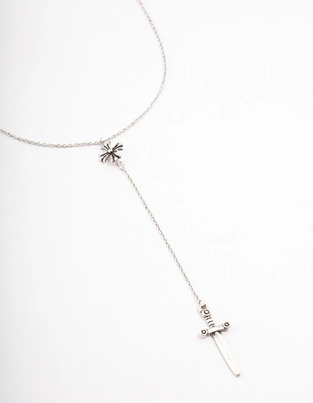 Burnish Silver Diamante Cross Sword Necklace