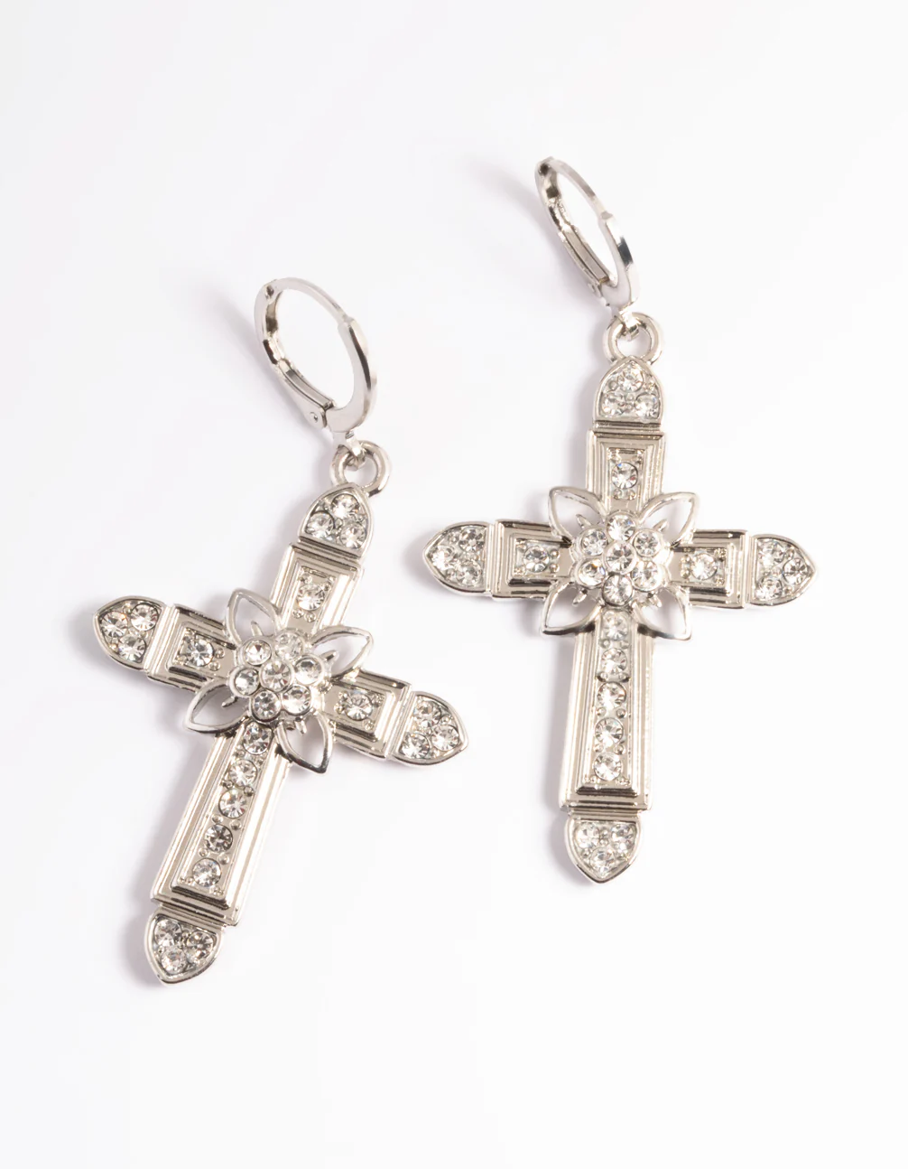 Rhodium Diamante Cross Huggie Earrings - Image 3