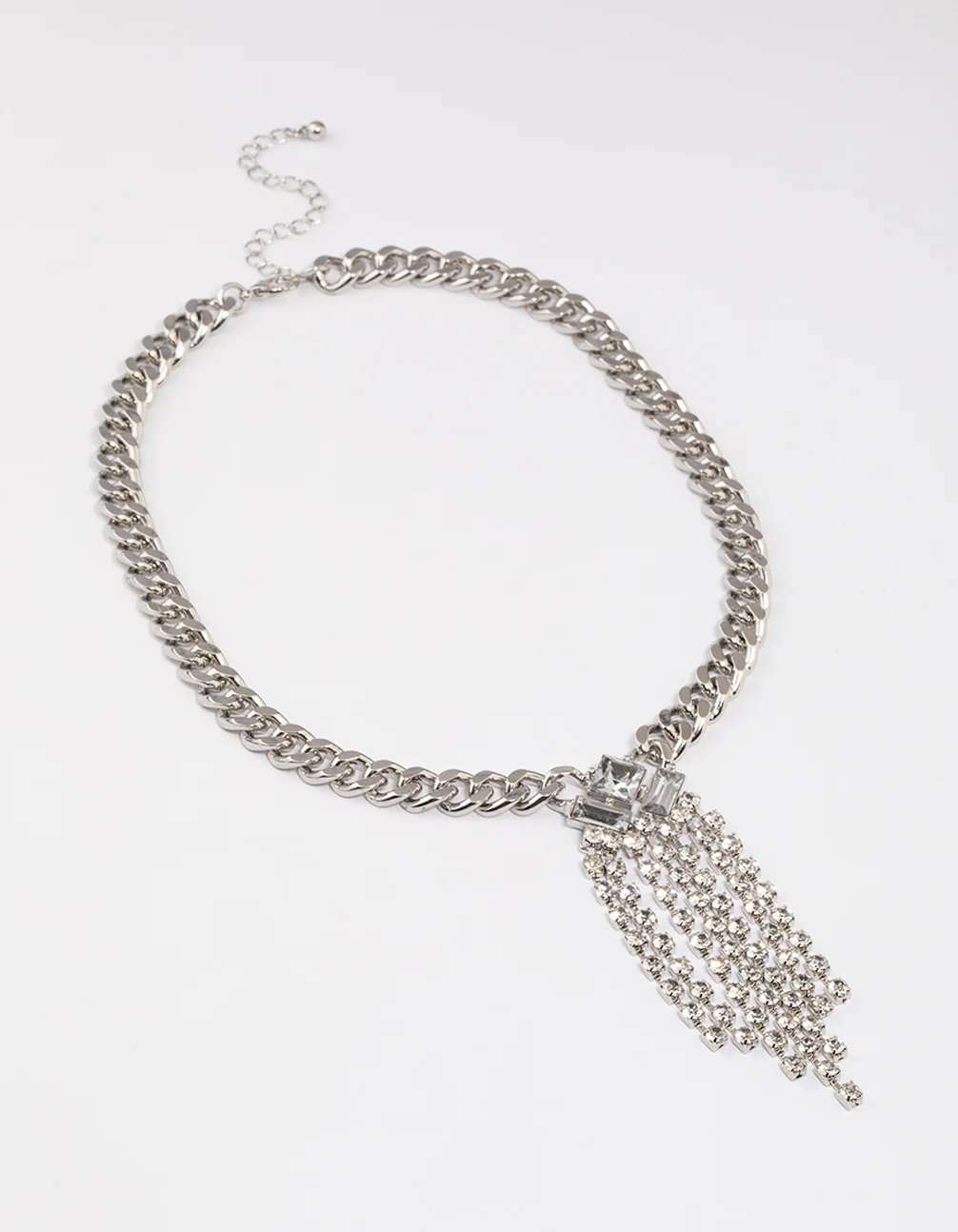 Silver Thick Chain Diamante Fringe Necklace - Image 2