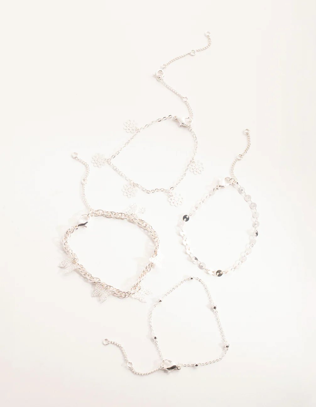 Silver Flower & Butterfly Bracelet & Anklet 4-Pack