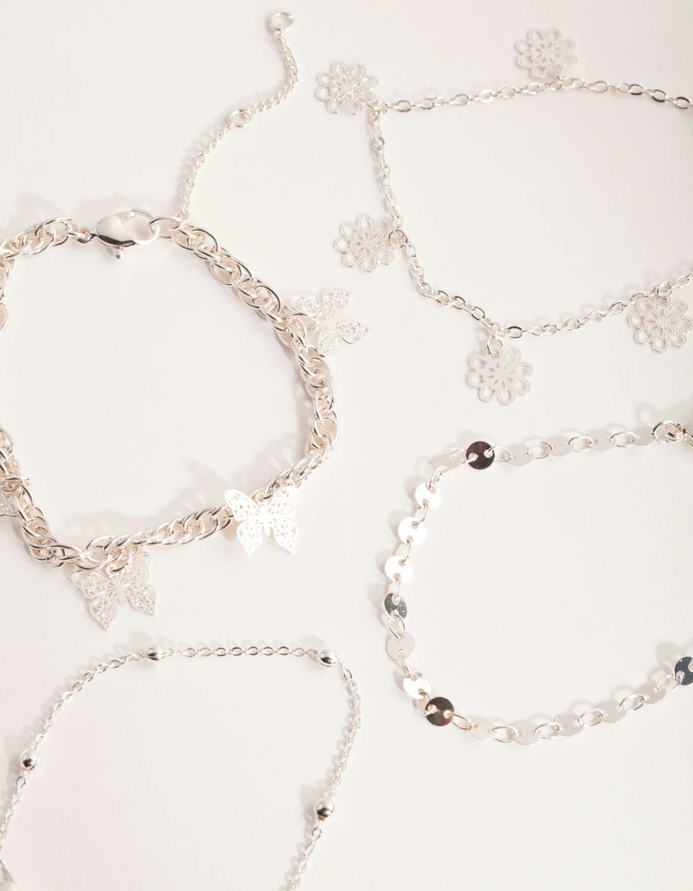 Silver Flower & Butterfly Bracelet & Anklet 4-Pack - Image 2