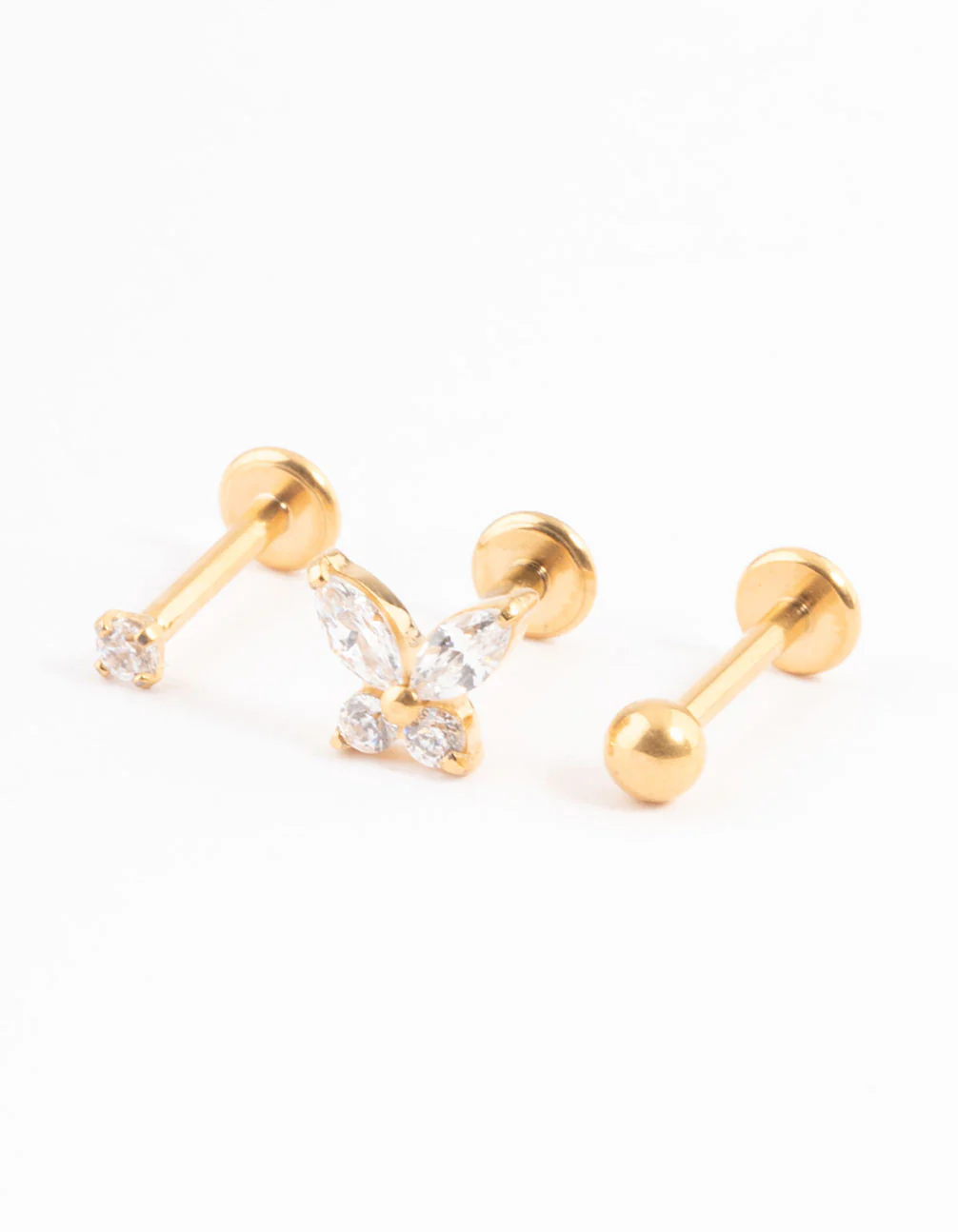 Gold Plated Cubic Zirconia Titanium Butterfly & Ball Threadless Flat Back Studs Pack