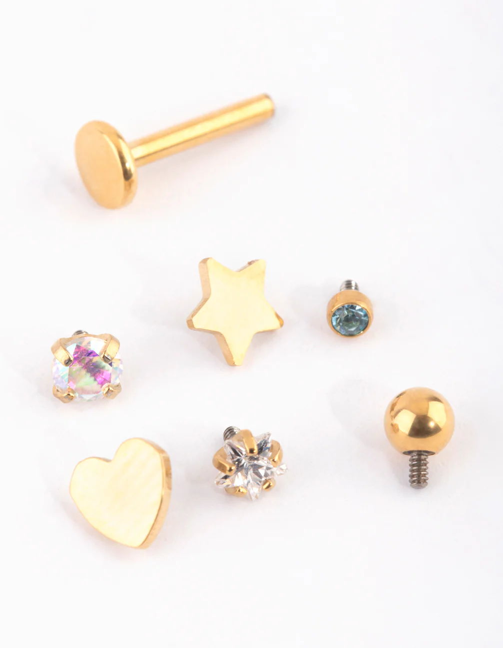 Gold Plated Titanium Single Flat Back Bar & Mixed Motif Interchangeable Ends 6-Pack
