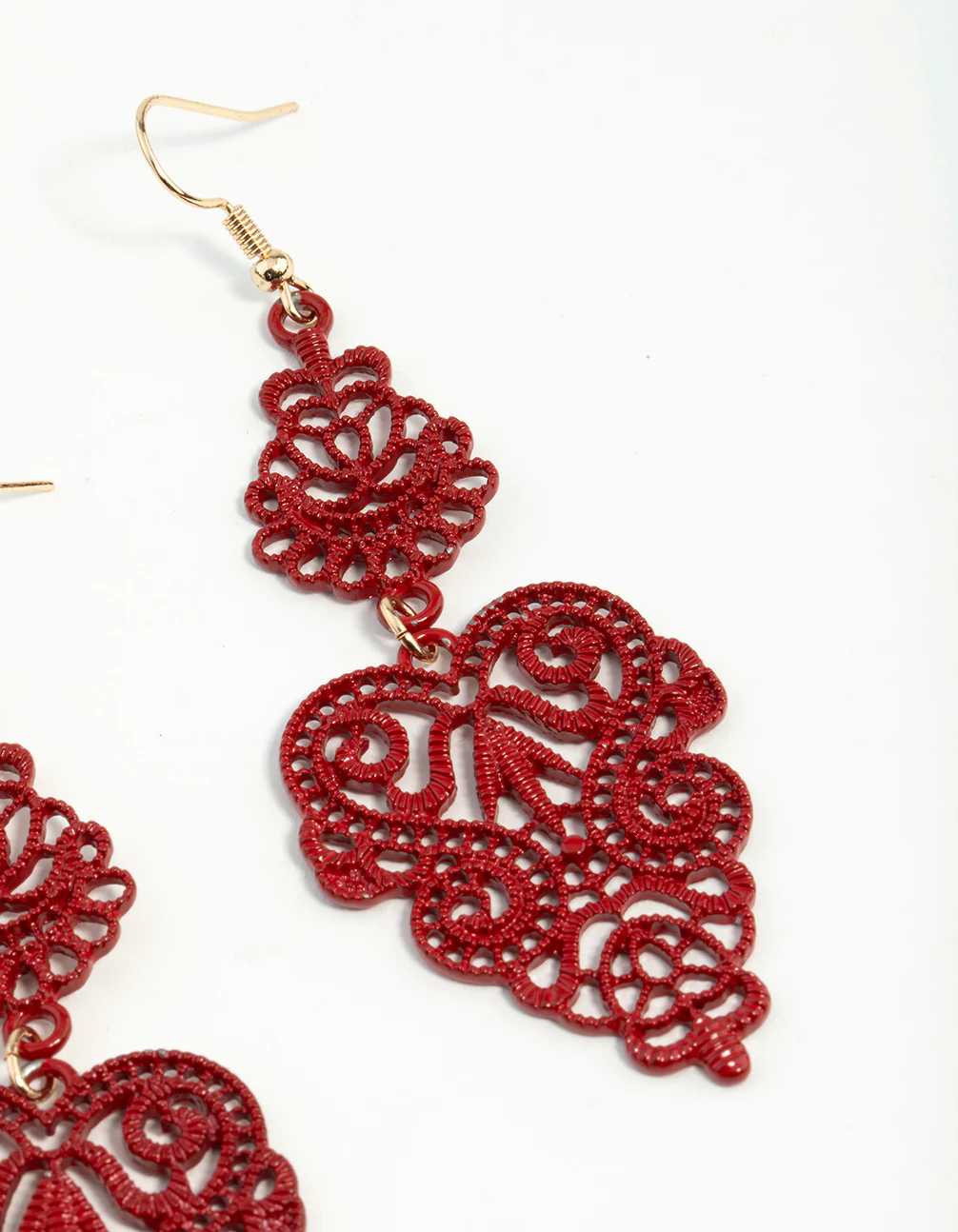 Red Filigree Leaf Earrings - Image 15