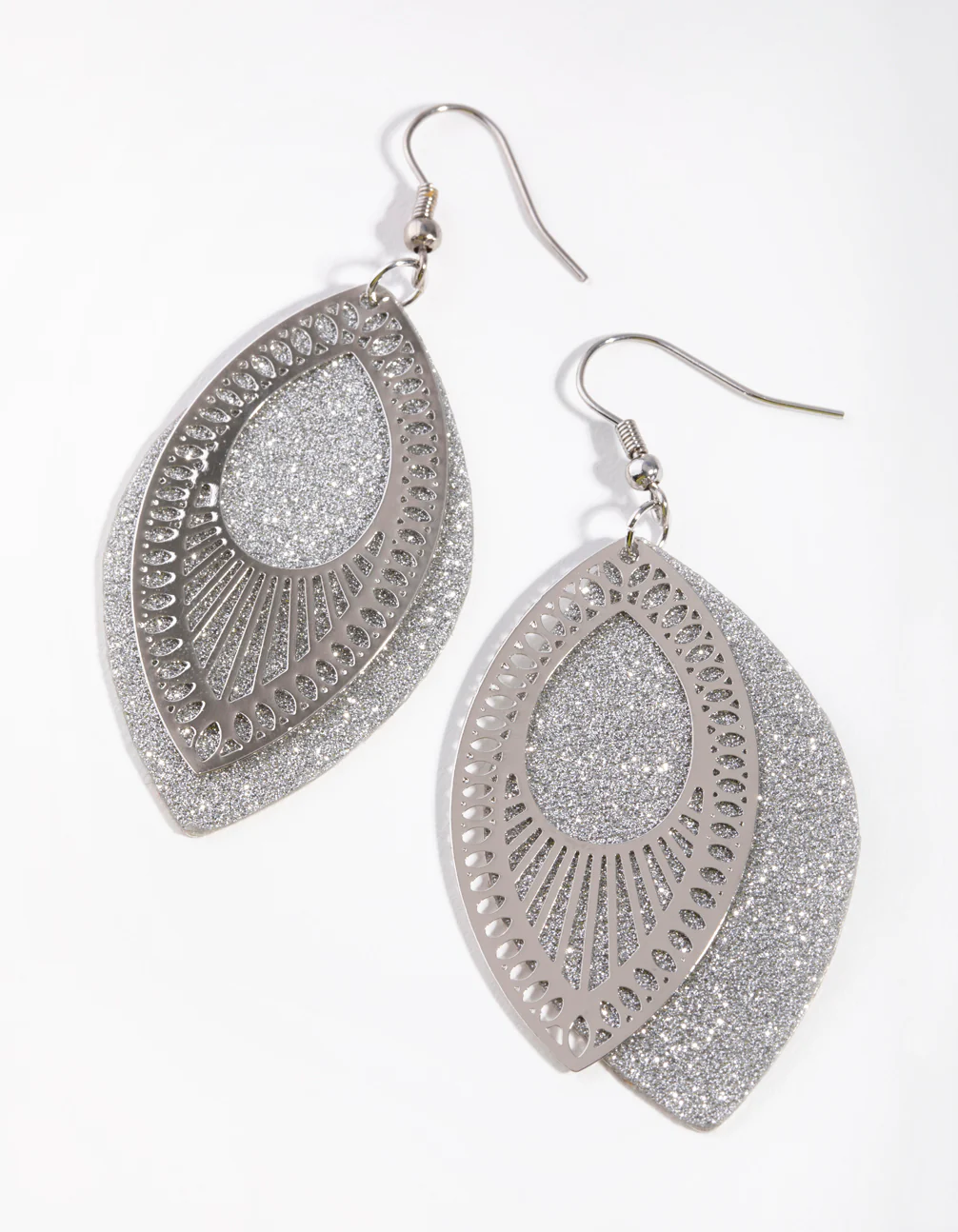 Silver Glitter Leaf Drop Earrings
