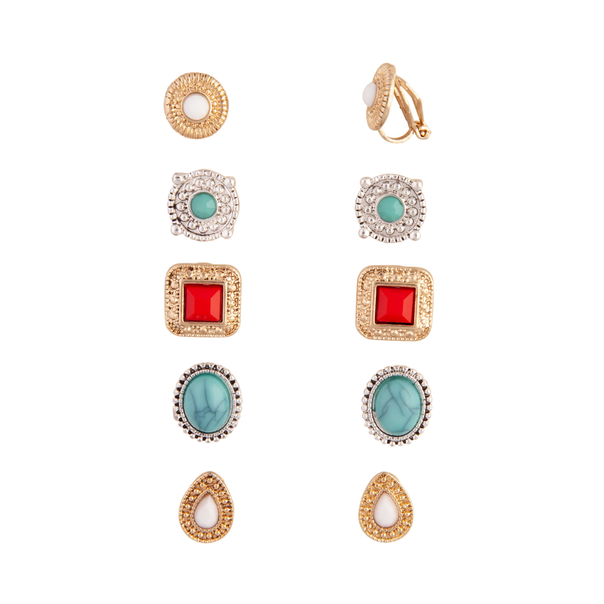 Mixed Metal Bohemian Stone Clip-On Earring 5-Pack - Image 2