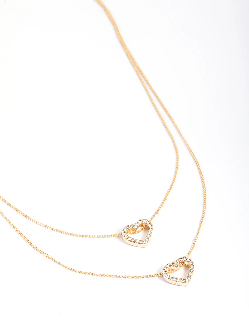 Gold Double Diamante Open Heart Layered Necklace