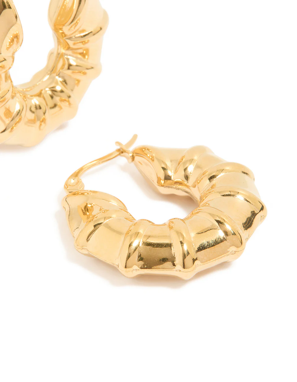 Waterproof Gold Plated Stainless Steel Barrel Detail Hoop Earrings - Image 5