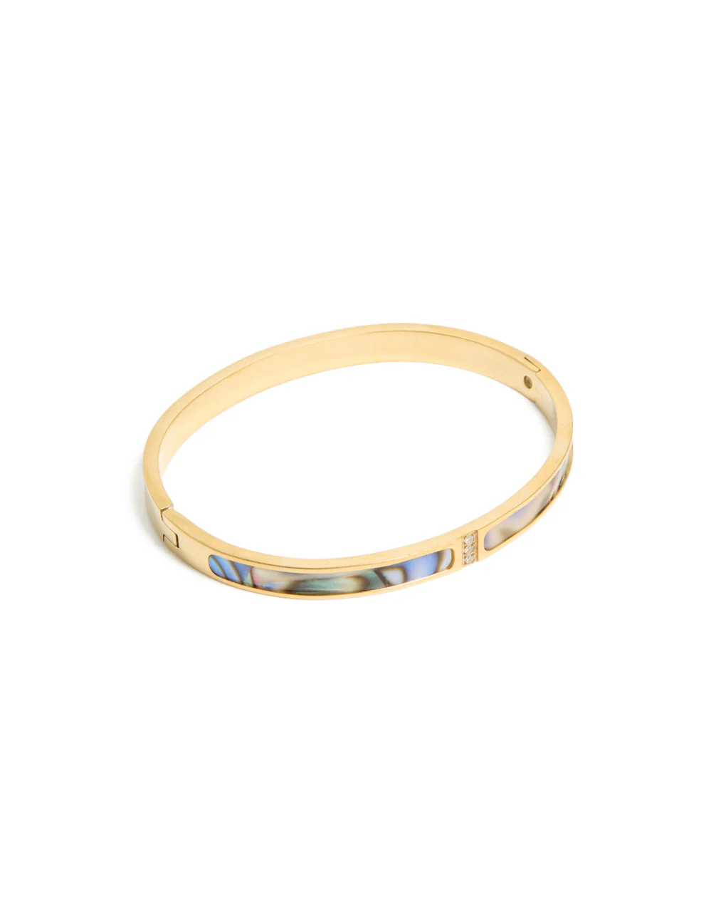 Waterproof Gold Plated Stainless Steel Blue & Green Pearlised Inlay Hinged Bangle - Image 2