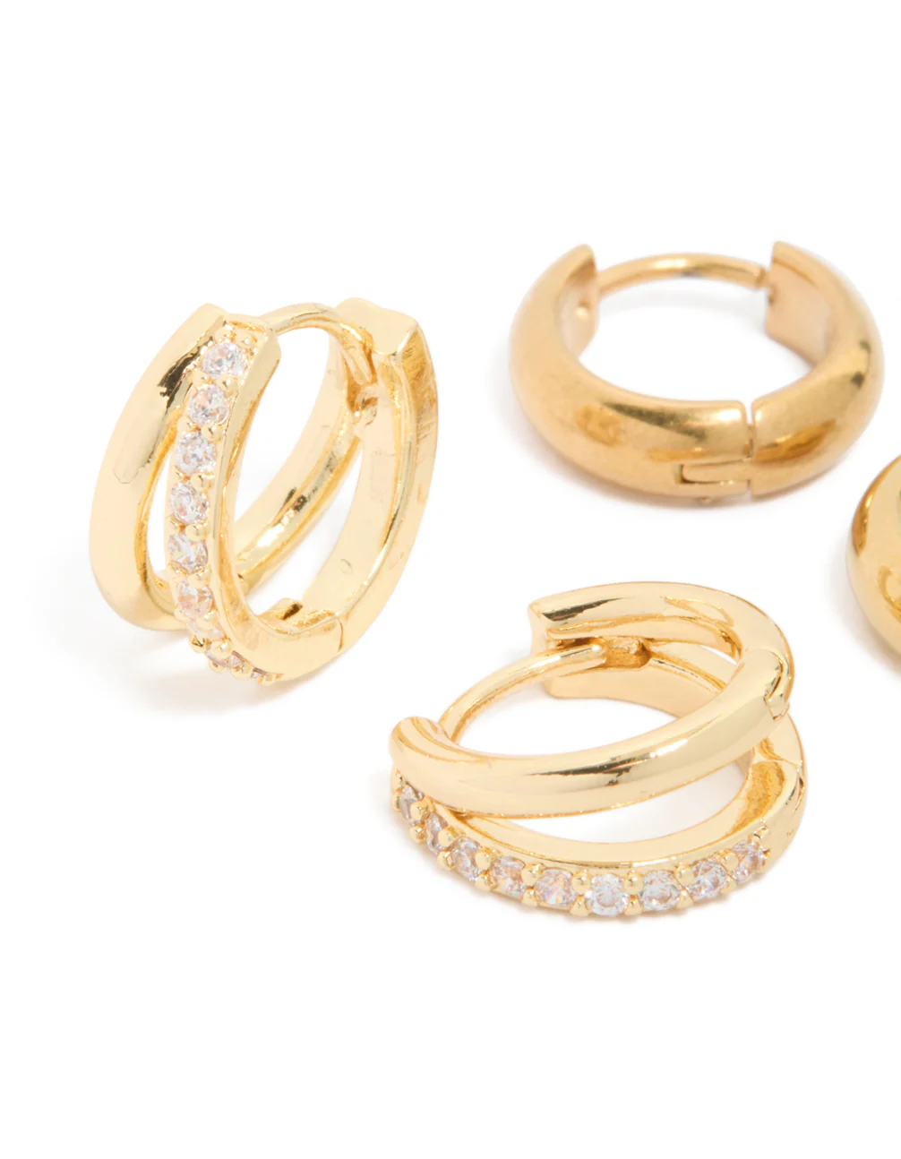 Waterproof Gold Plated Stainless Steel Chubby & Diamante Huggie Earrings 2-Pack - Image 4