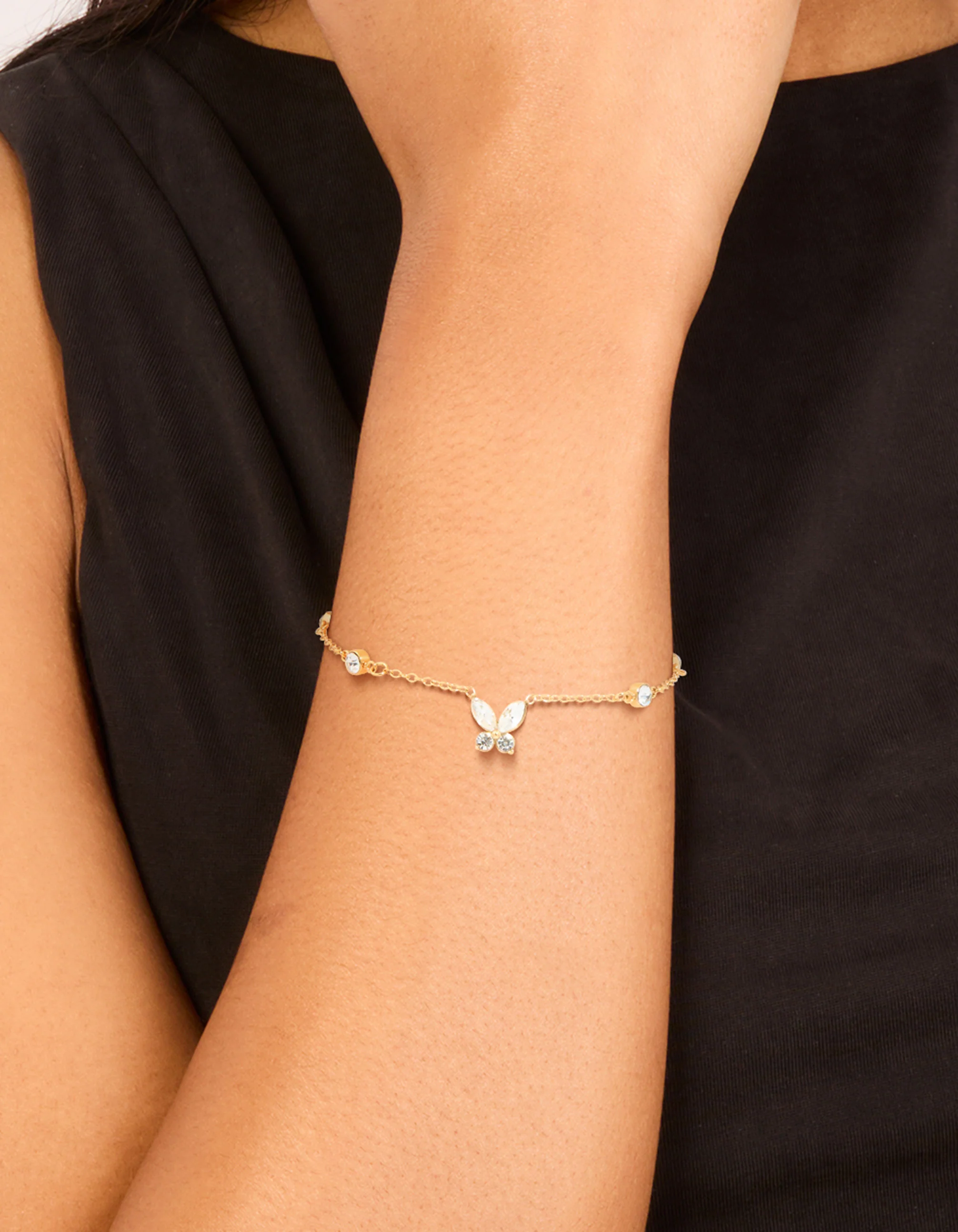 Waterproof Gold Plated Stainless Steel Cubic Zirconia Butterfly & Circle Charms Bracelet - Image 6