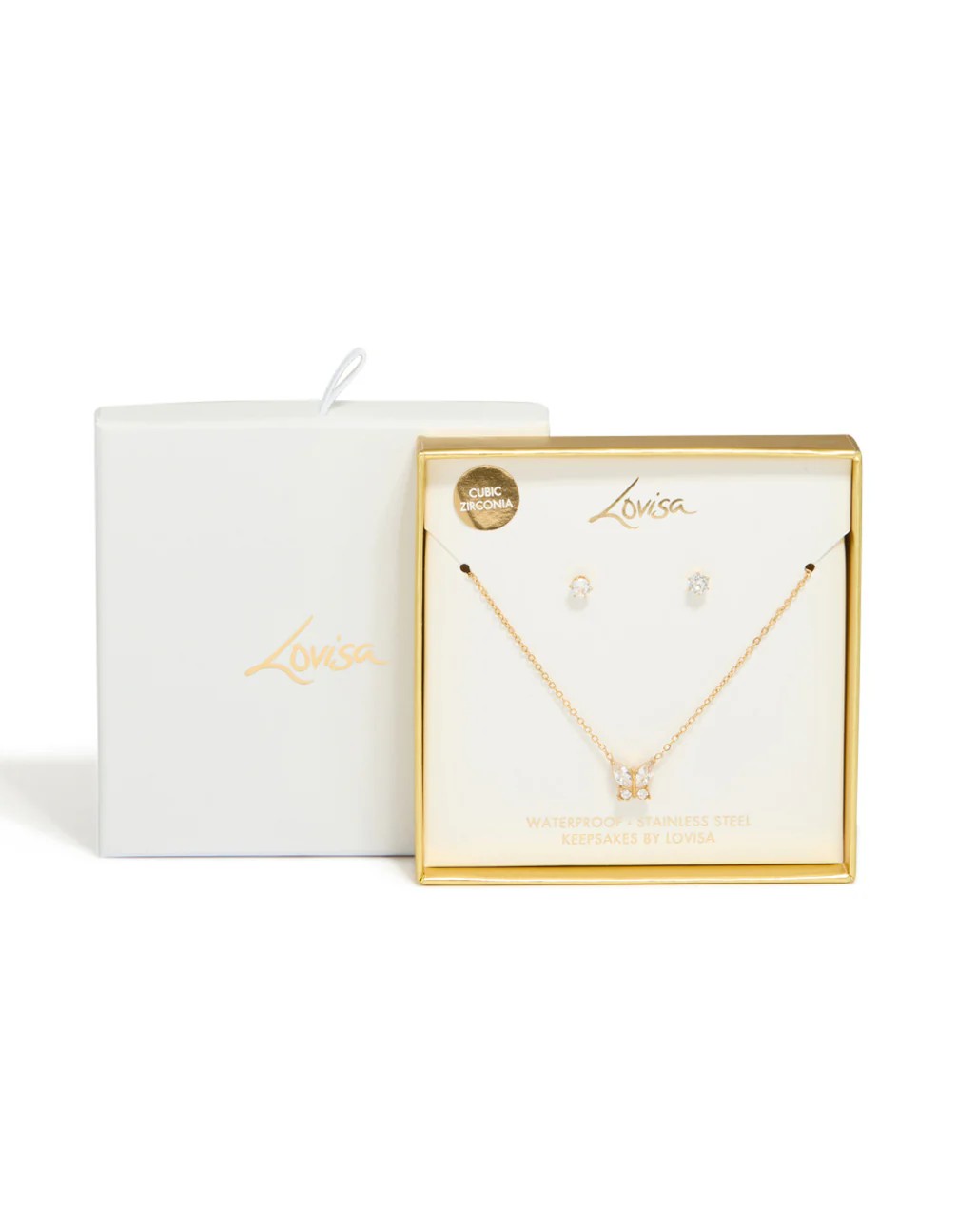 Waterproof Gold Plated Stainless Steel Cubic Zirconia Butterfly Necklace & Earrings Set - Image 4