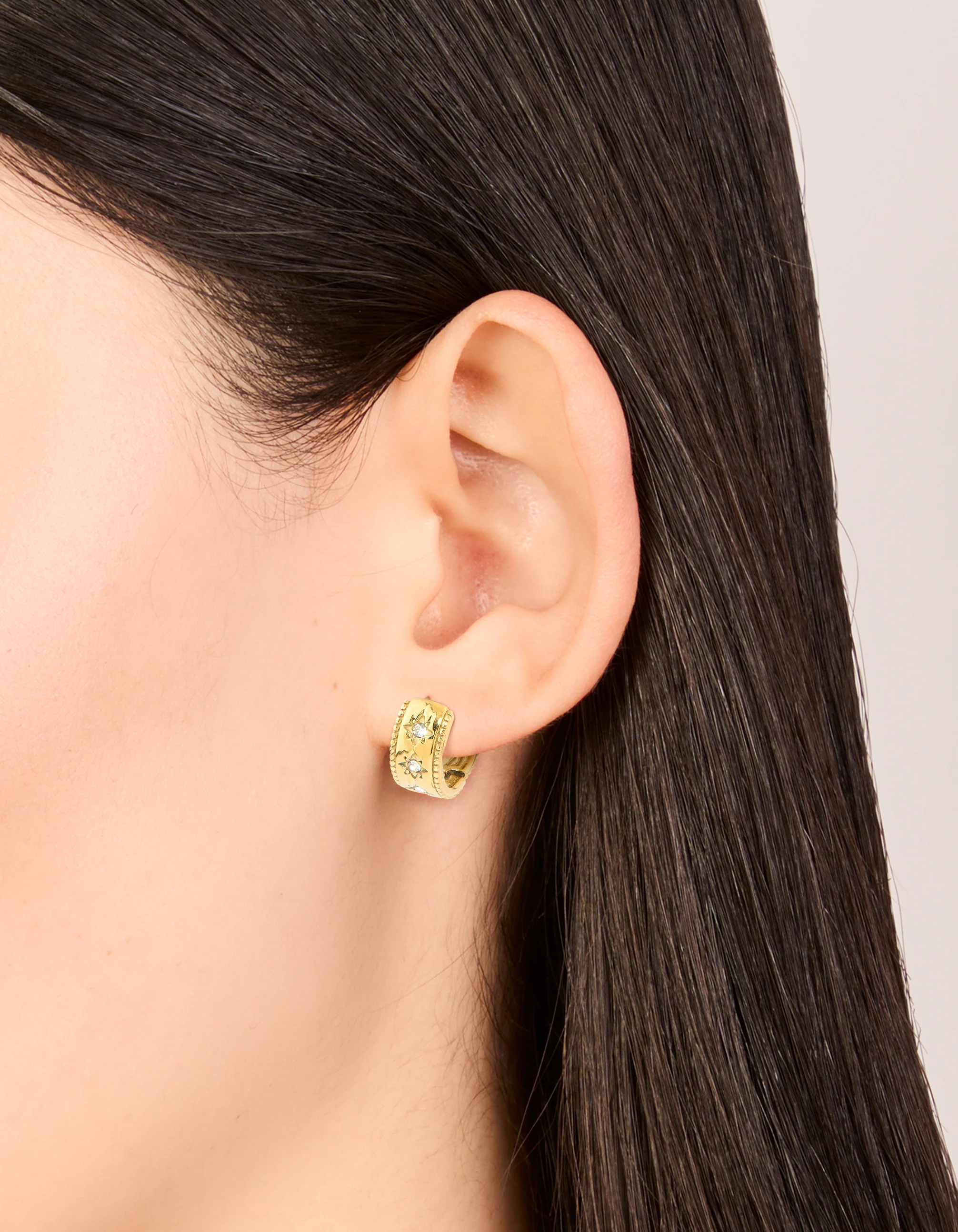 Waterproof Gold Plated Stainless Steel Cubic Zirconia Celestial Etched Hoop Earrings - Image 6