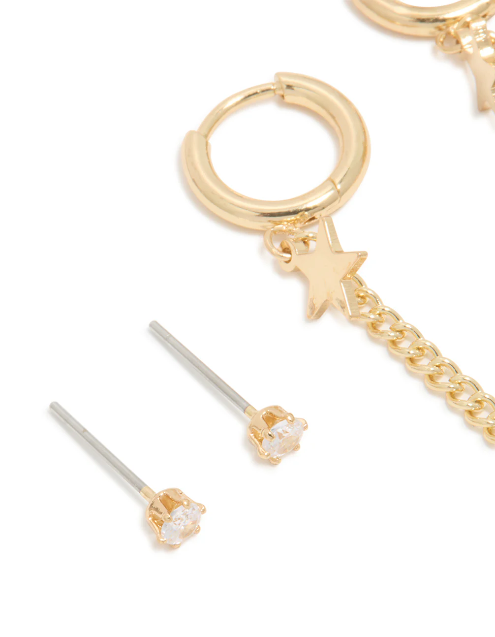 Waterproof Gold Plated Stainless Steel Cubic Zirconia Celestial Stacker Earrings 3-Pack - Image 2