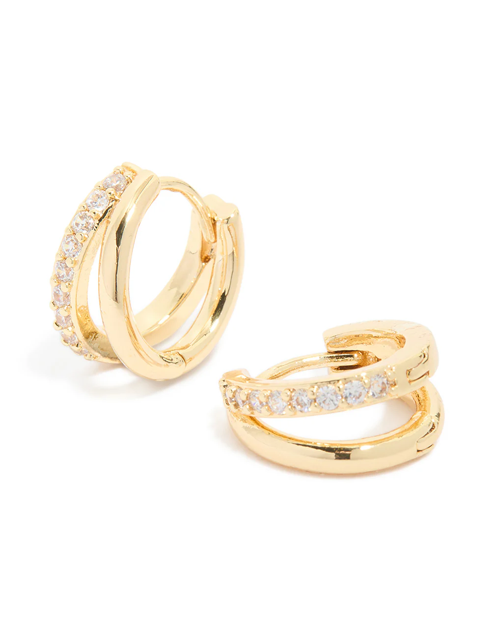 Waterproof Gold Plated Stainless Steel Cubic Zirconia & Double Row Huggie Earrings - Image 2