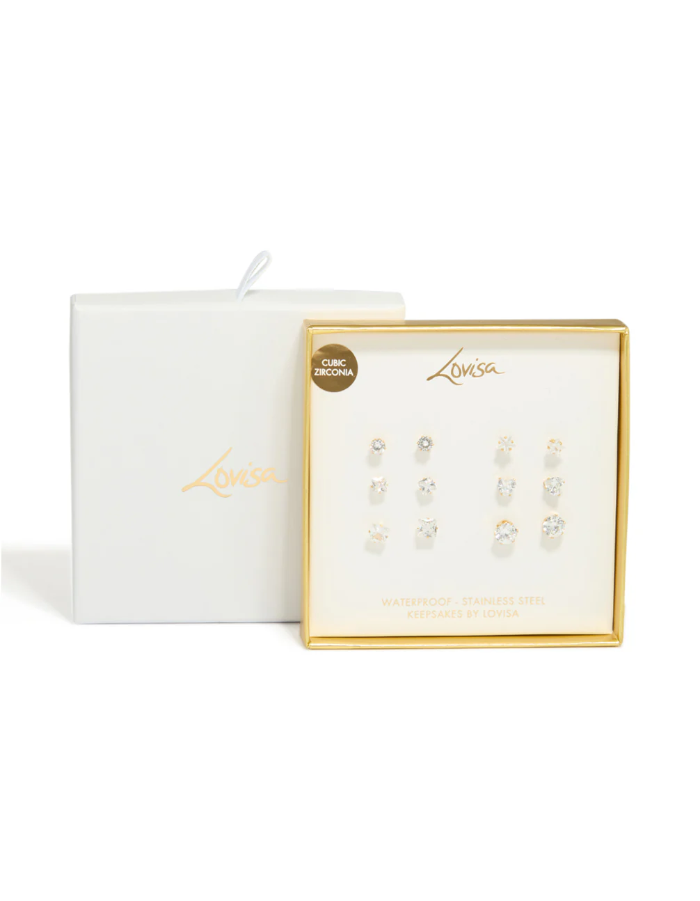 Waterproof Gold Plated Stainless Steel Cubic Zirconia Essential Stud Earrings 6-Pack - Image 4