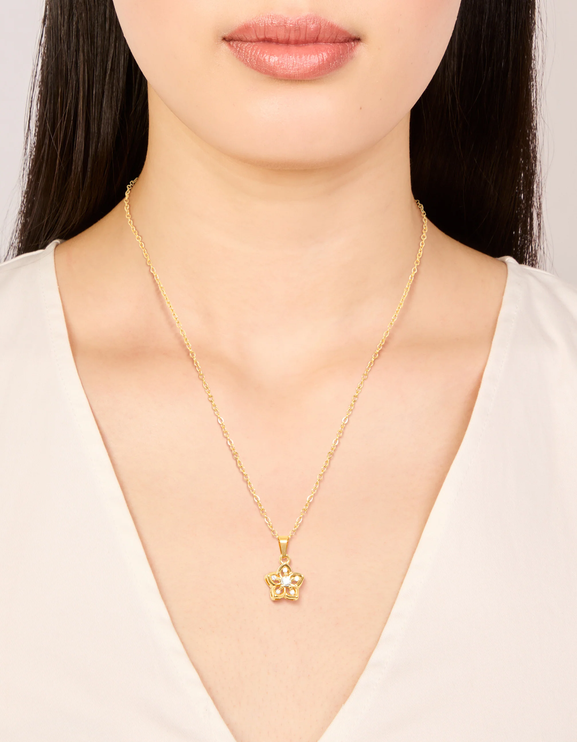 Waterproof Gold Plated Stainless Steel Cubic Zirconia Flower Outline Pendant Necklace - Image 2