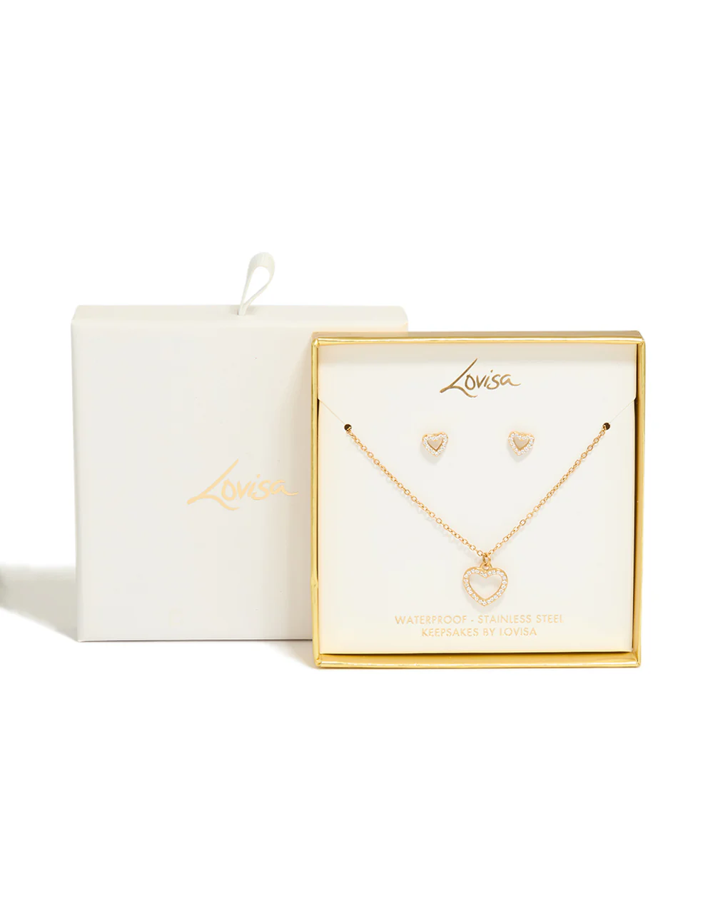 Waterproof Gold Plated Stainless Steel Cubic Zirconia Heart Necklace & Earrings Set - Image 3