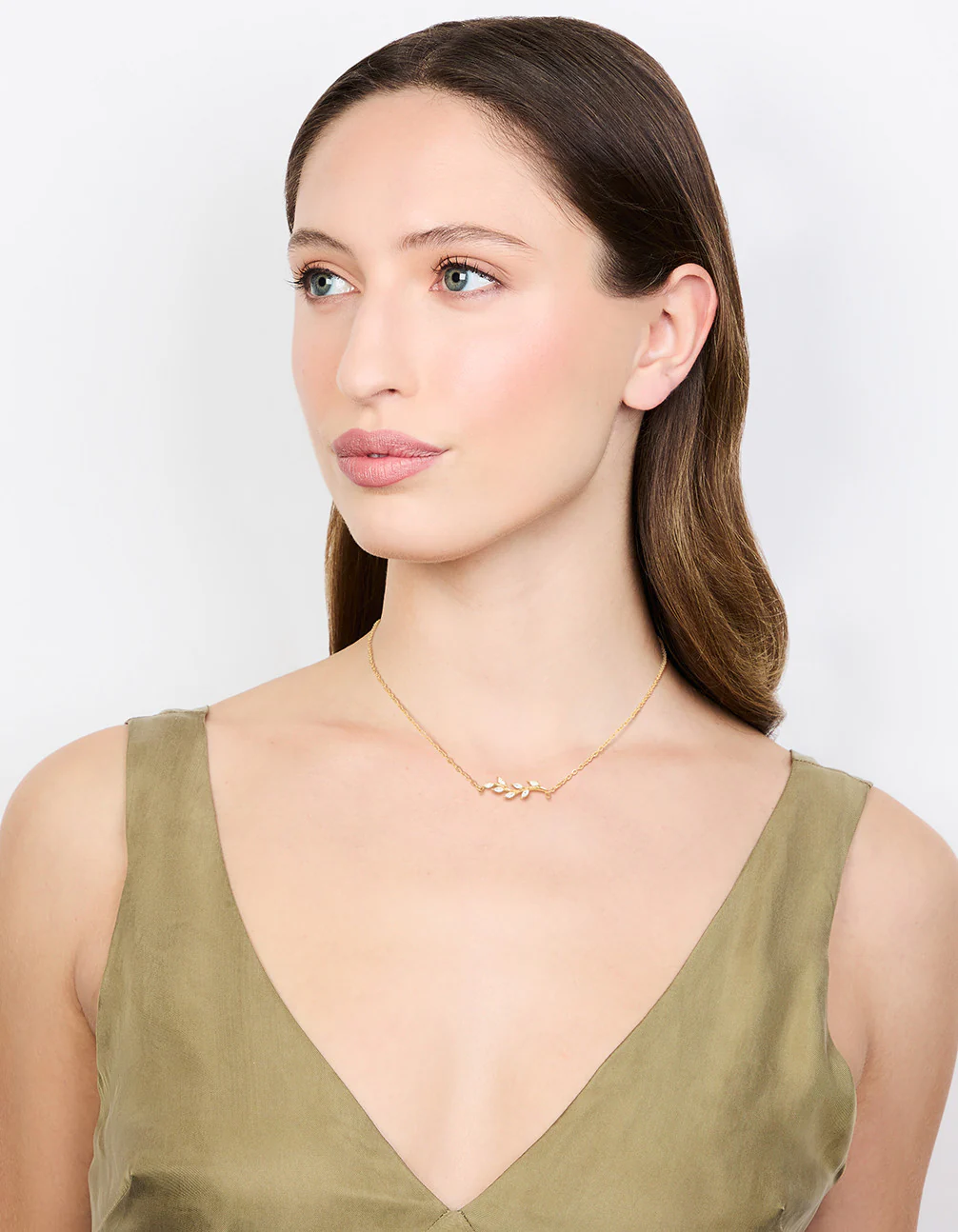 Waterproof Gold Plated Stainless Steel Cubic Zirconia Leaf Pendant Necklace - Image 3