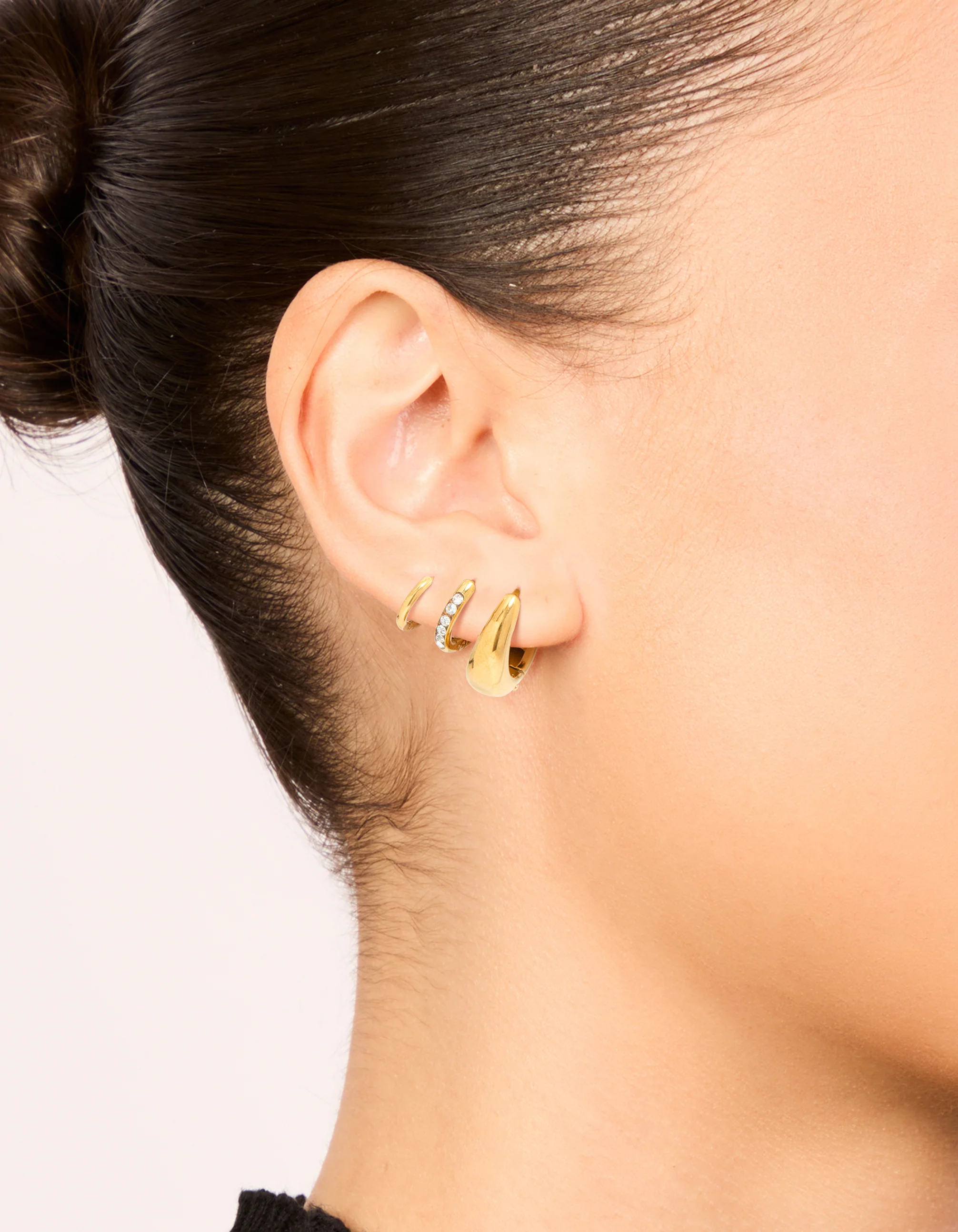 Waterproof Gold Plated Stainless Steel Cubic Zirconia Mix Huggie Earrings 3-Pack - Image 2