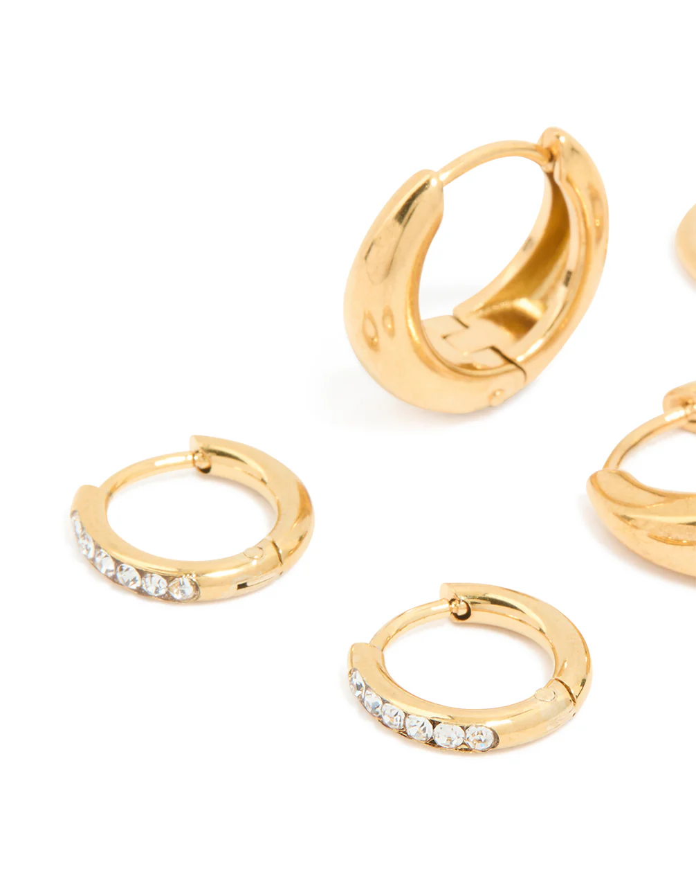 Waterproof Gold Plated Stainless Steel Cubic Zirconia Mix Huggie Earrings 3-Pack - Image 4