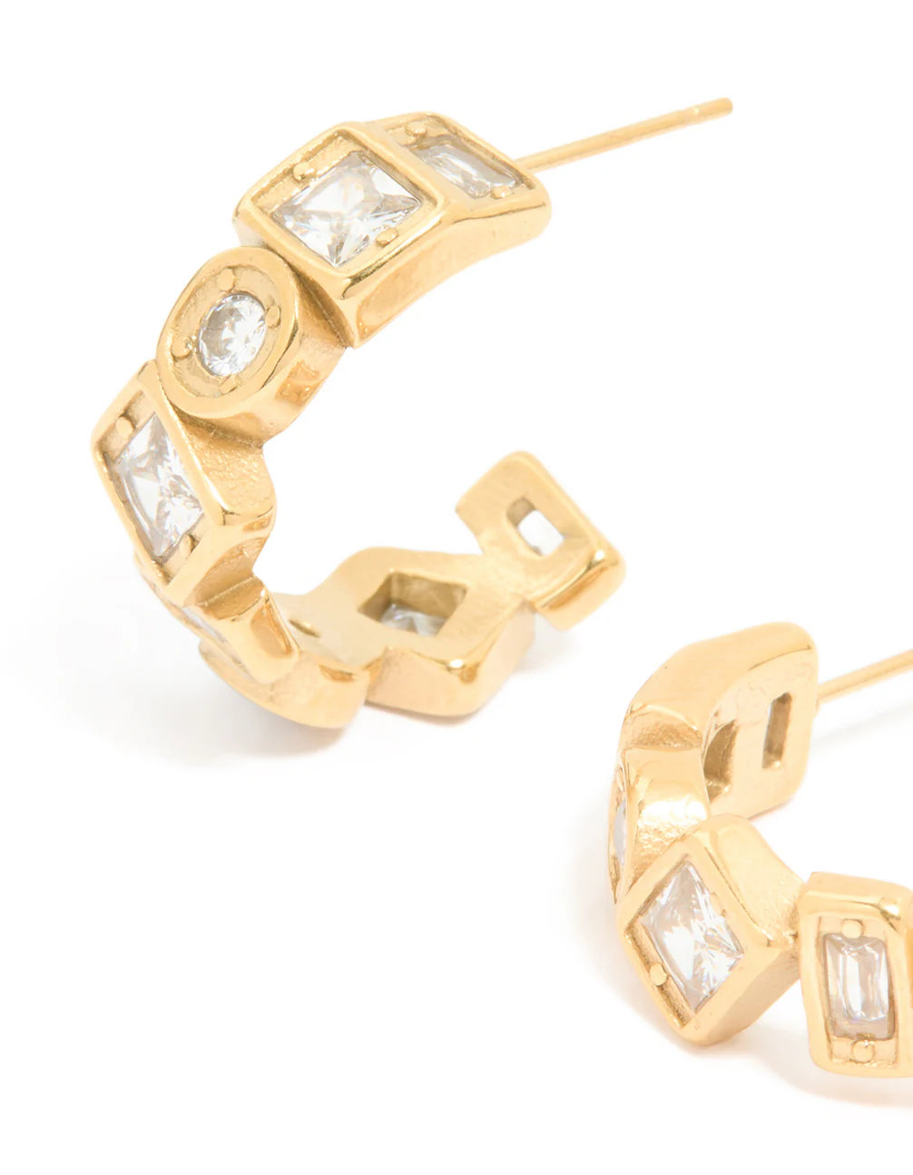Waterproof Gold Plated Stainless Steel Cubic Zirconia Mixed Cut Hoop Earrings - Image 4