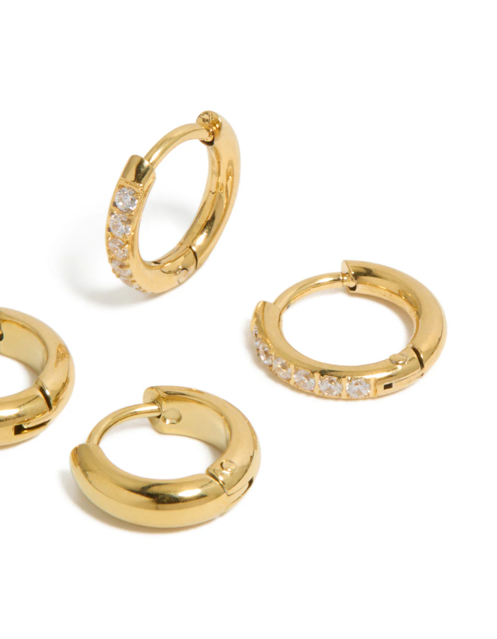 Waterproof Gold Plated Stainless Steel Cubic Zirconia Pavé & Plain Huggie Earrings 2-Pack - Image 5