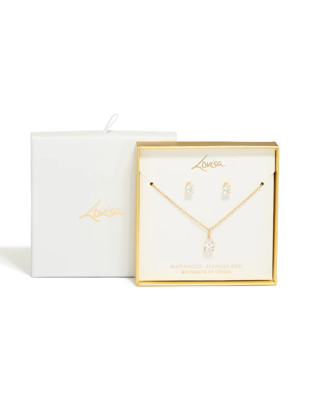 Waterproof Gold Plated Stainless Steel Cubic Zirconia Pear Necklace & Earrings Set - Image 4