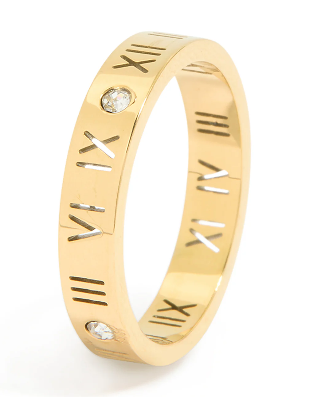 Waterproof Gold Plated Stainless Steel Cubic Zirconia Roman Numeral Band Ring - Image 4
