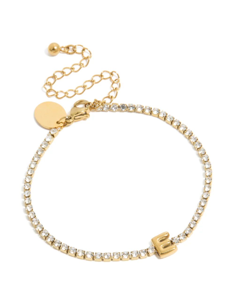 Waterproof Gold Plated Stainless Steel Cubic Zirconia Tennis Letter E Bracelet - Image 2