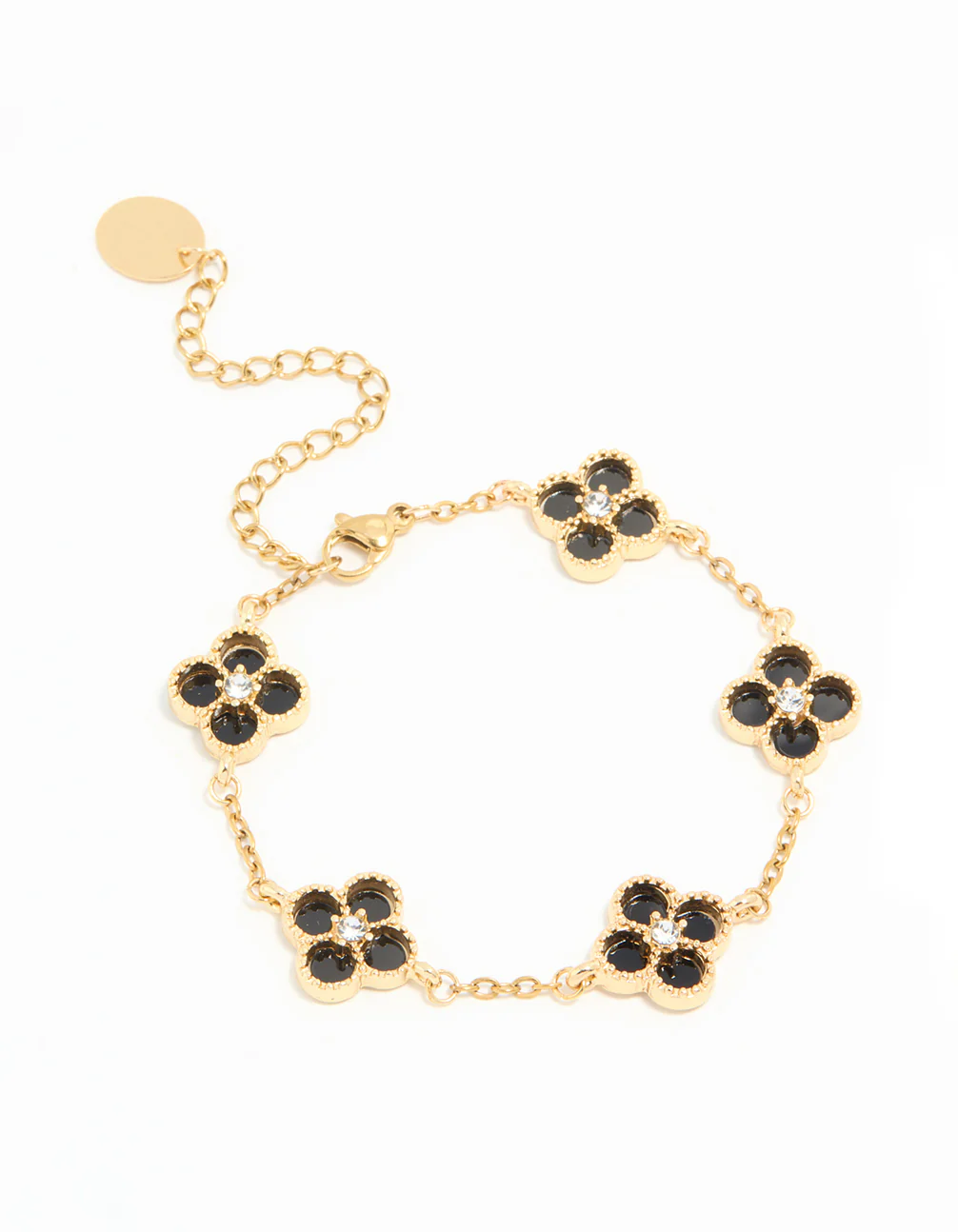 Waterproof Gold Plated Stainless Steel Diamante Black Inlay Flowers Charms Bracelet