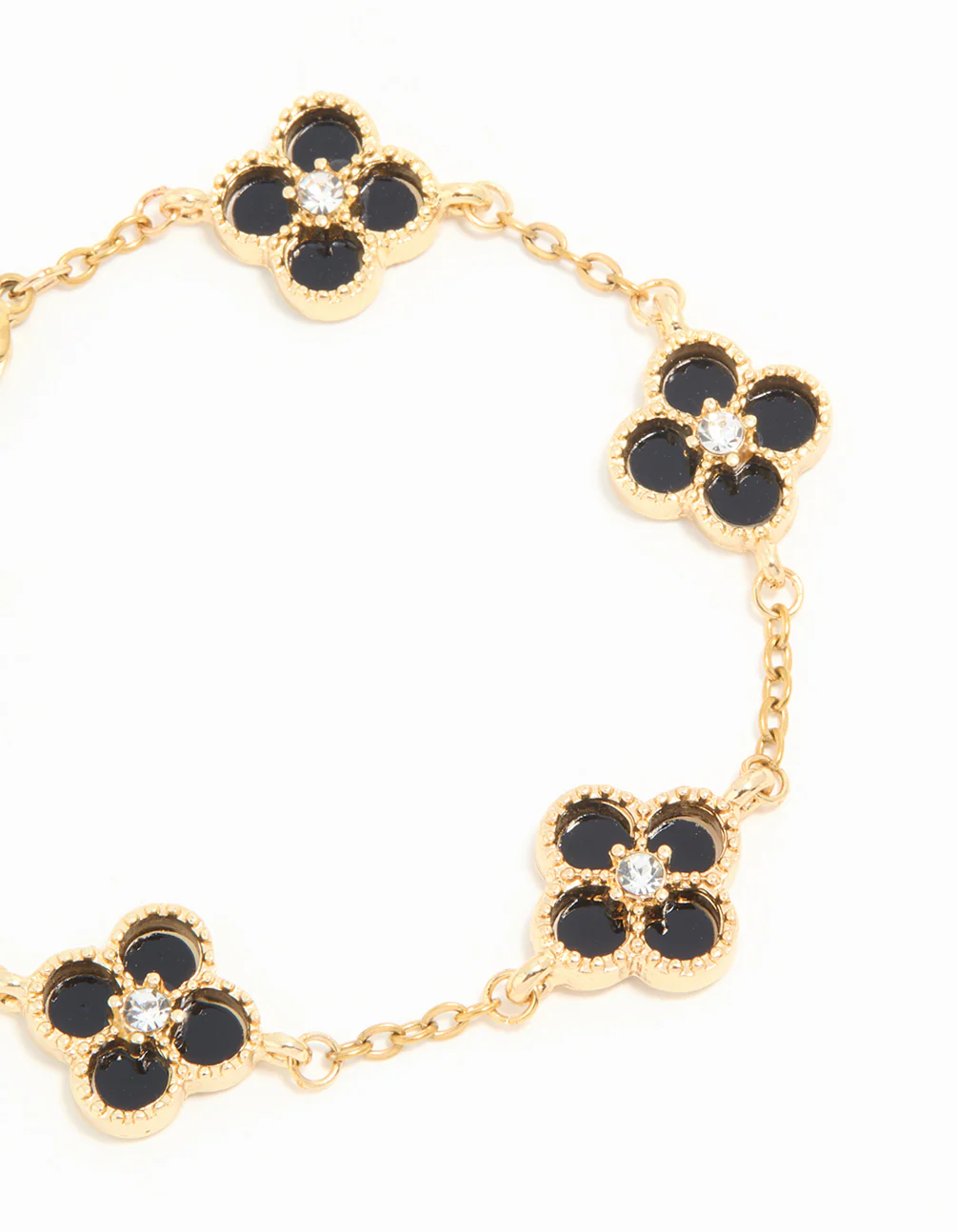 Waterproof Gold Plated Stainless Steel Diamante Black Inlay Flowers Charms Bracelet - Image 2