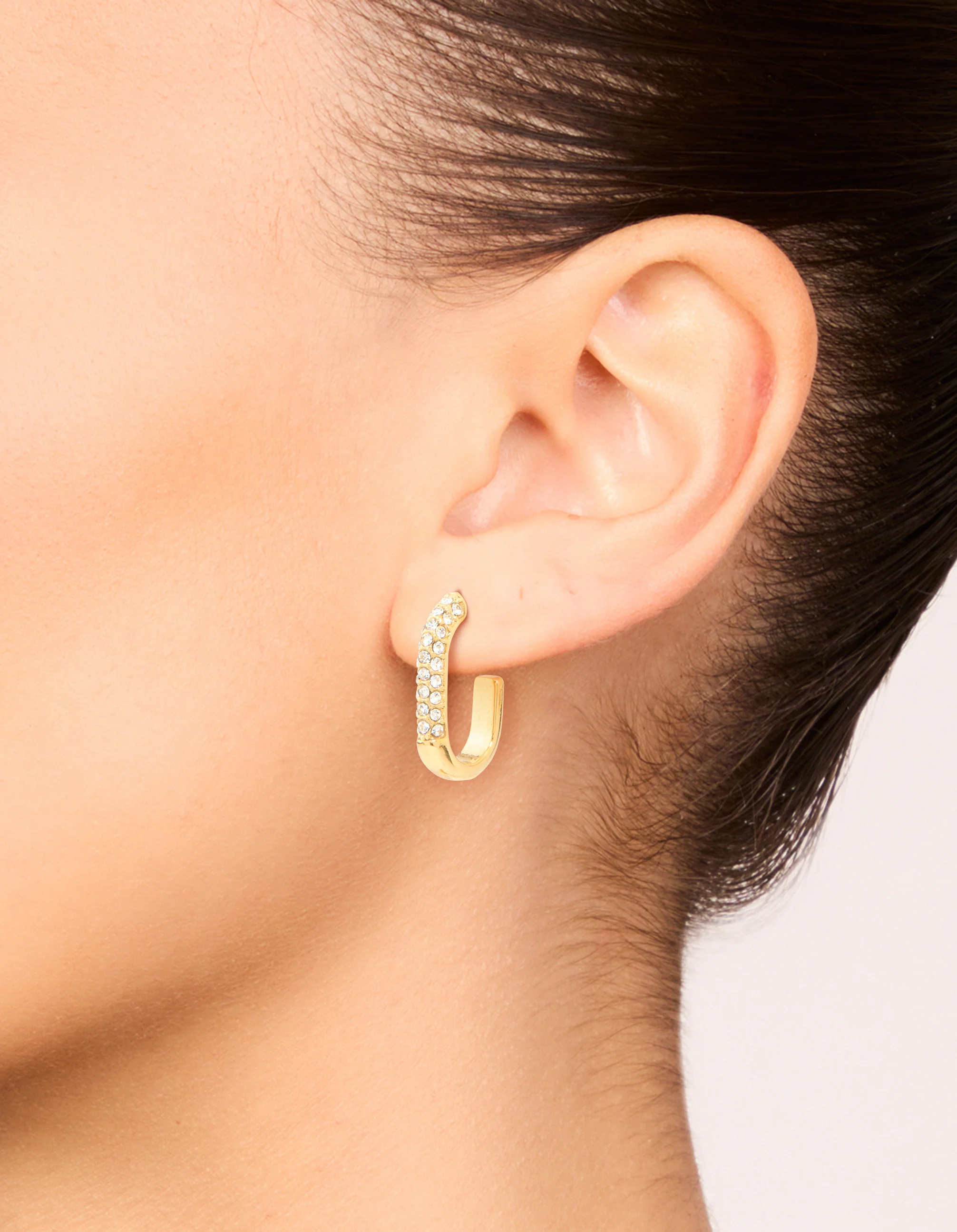 Waterproof Gold Plated Stainless Steel Diamante Half Oval Hoop Earrings - Image 6