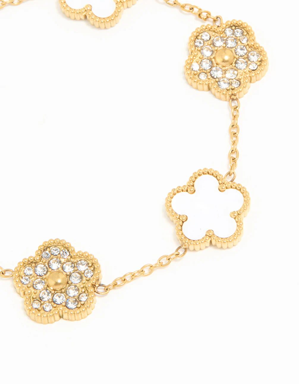 Waterproof Gold Plated Stainless Steel Diamante & Inlay Flower Charm Bracelet - Image 2