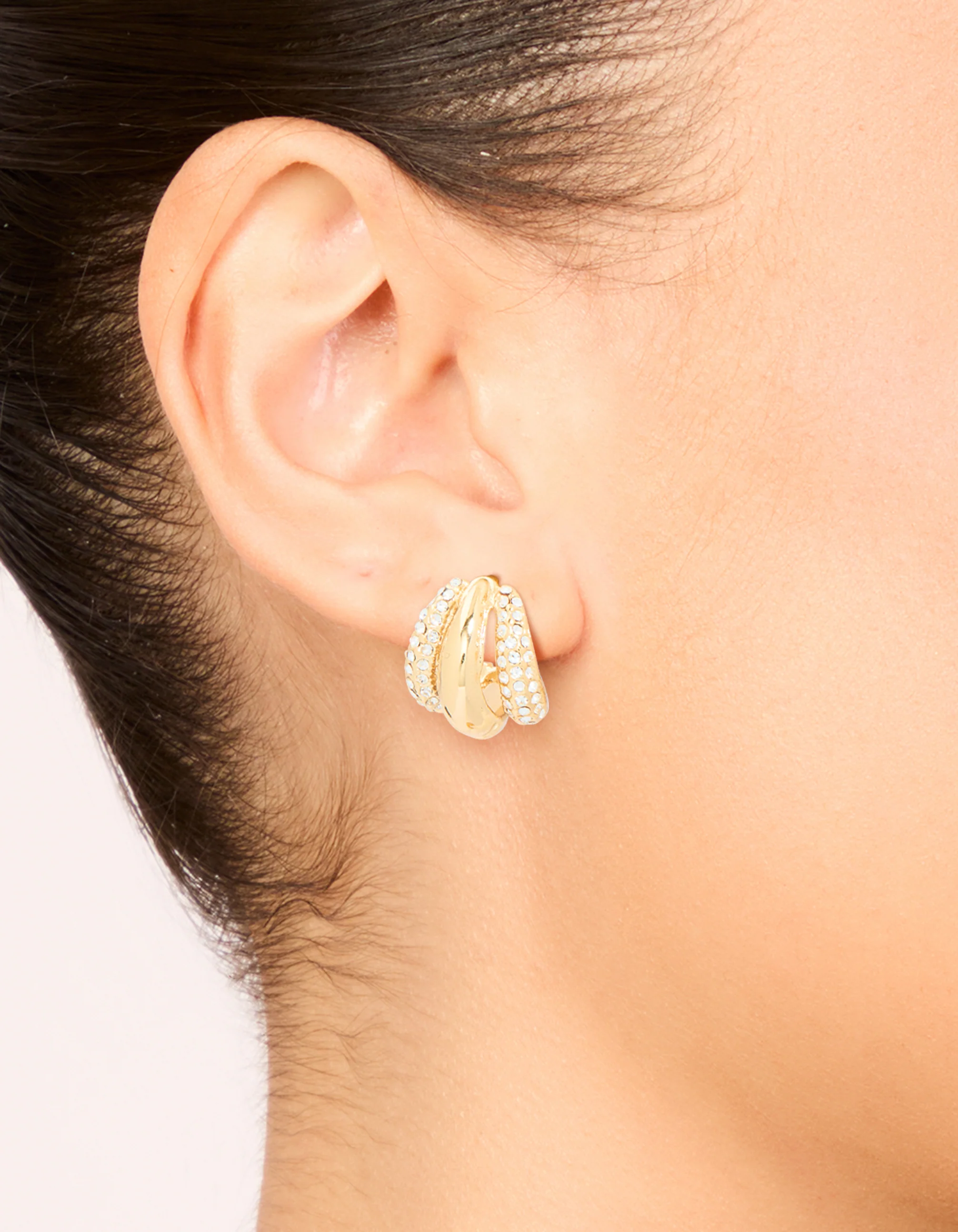 Waterproof Gold Plated Stainless Steel Diamante Trio Illusion Hoop Earrings - Image 2