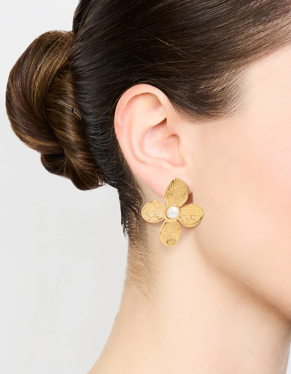 Waterproof Gold Plated Stainless Steel Flower Pearl Stud Earrings - Image 2