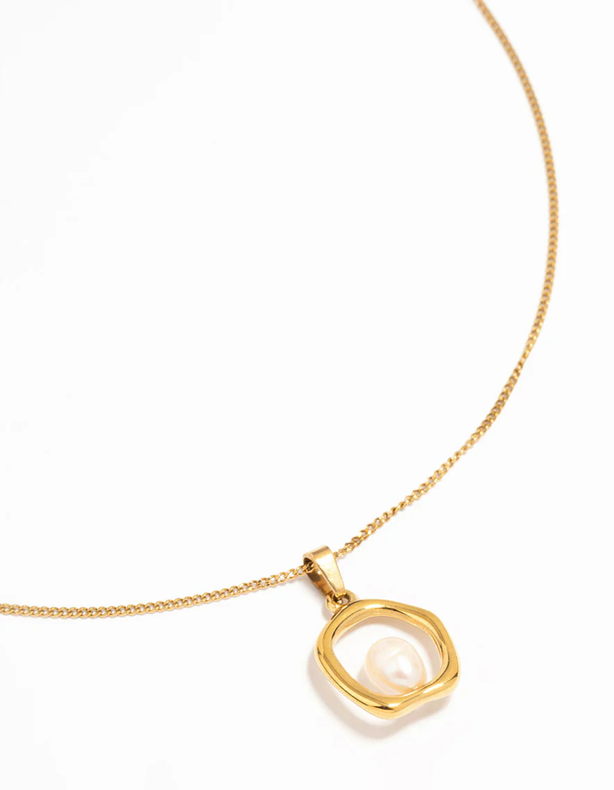 Waterproof Gold Plated Stainless Steel Freshwater Pearl Molten Hoop Pendant Necklace - Image 2