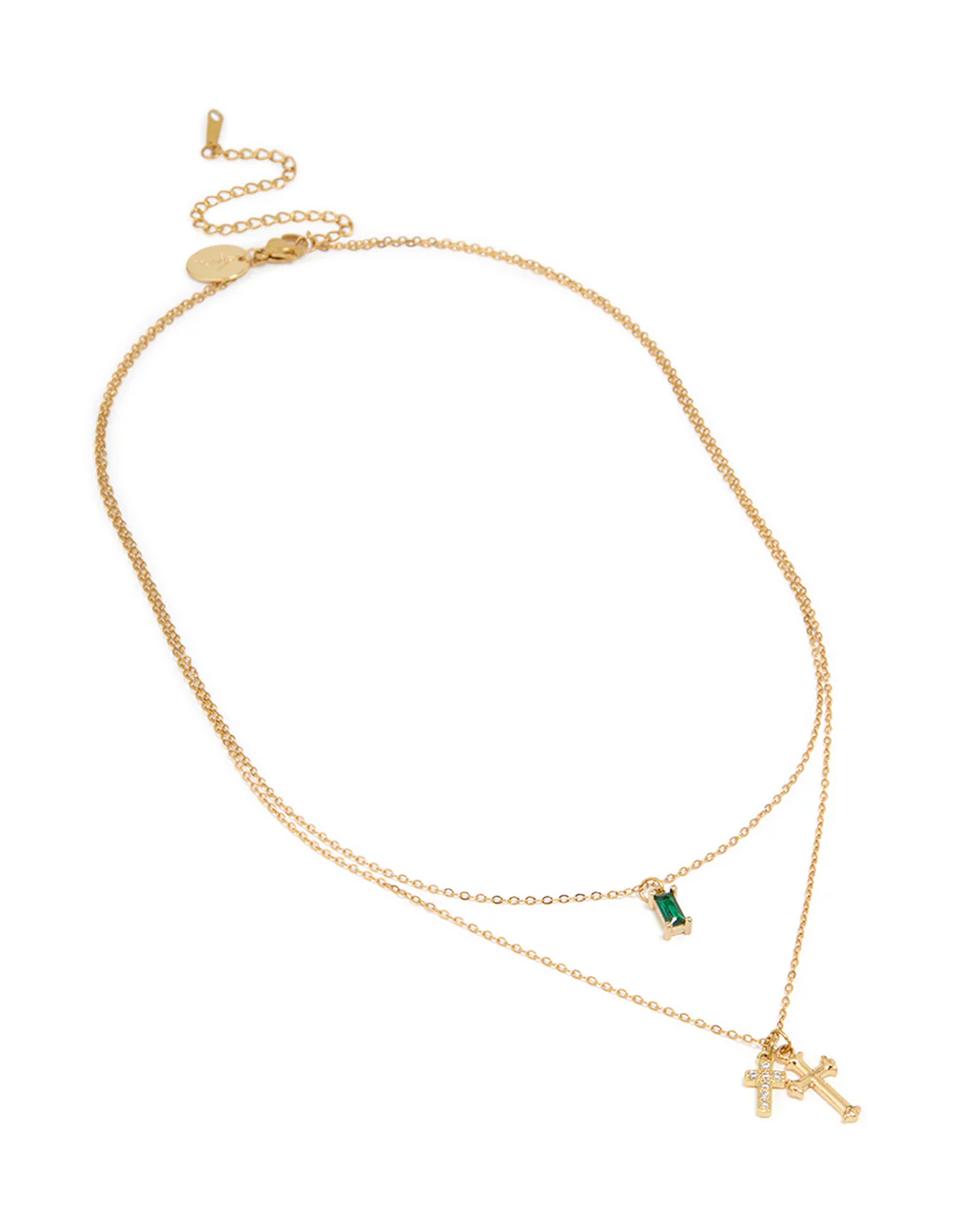 Waterproof Gold Plated Stainless Steel Green Cubic Zirconia & Cross Layered Necklace - Image 2